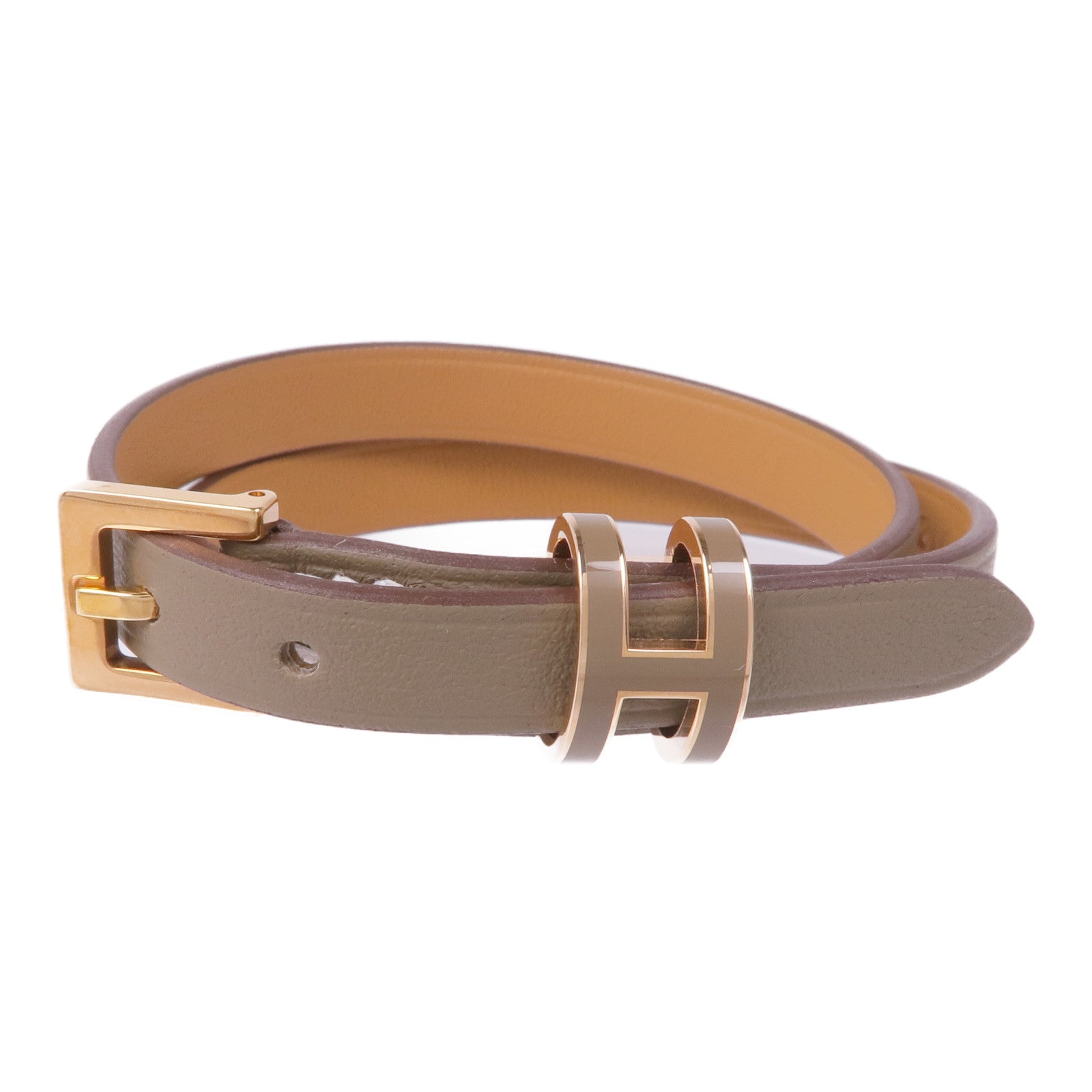 HERMES 皮革Pop H Double Tour Bracelet金扣手帶Etoupe