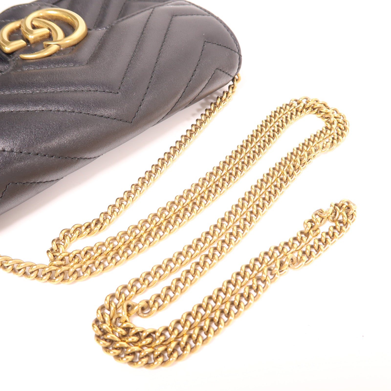 GUCCI Chevron皮革GG Marmont Super Mini金扣鏈帶肩背袋黑色