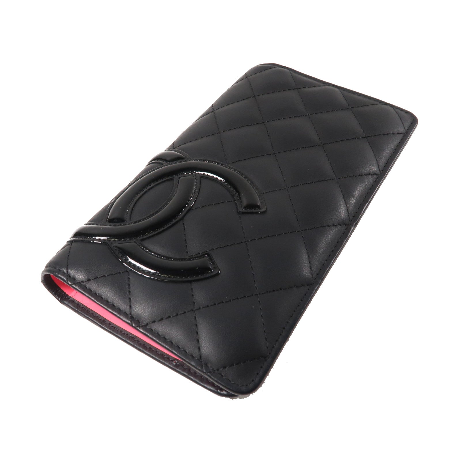CHANEL 菱格牛皮皮革Cambon Line Fold Wallet銀扣折疊錢包黑色