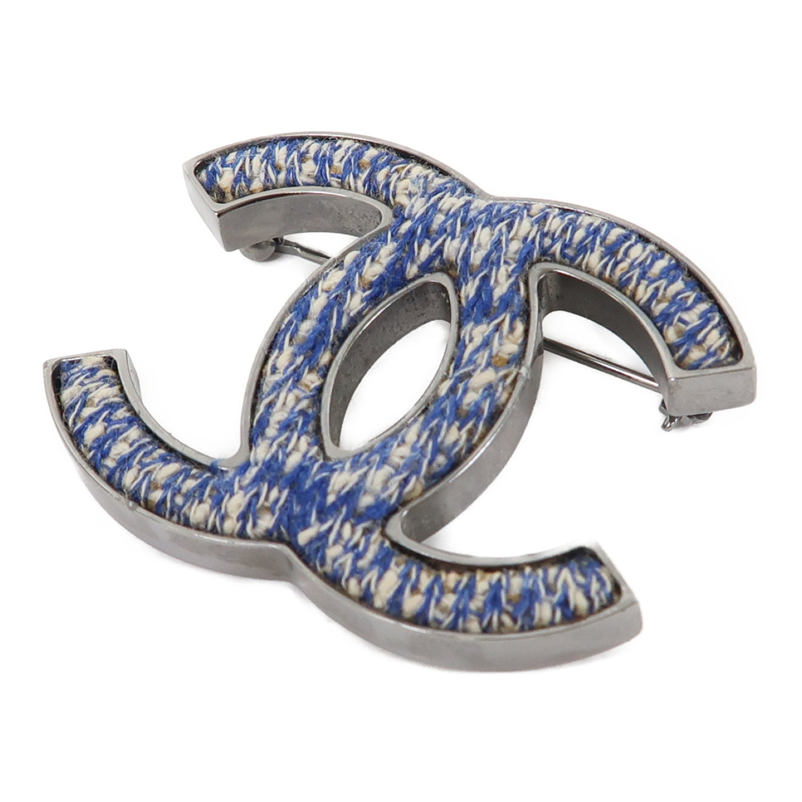 CHANEL 金屬/斜紋軟呢Brooch胸針藍色/銀色