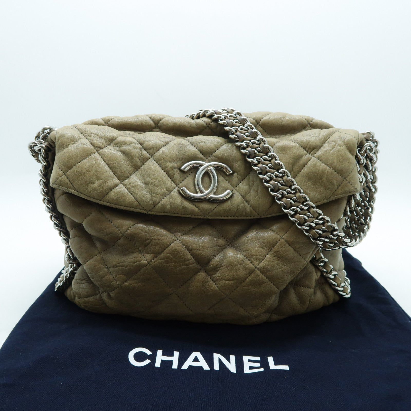 CHANEL 牛皮皮革Chain Shoulder Bag銀扣鏈帶肩背袋啡色
