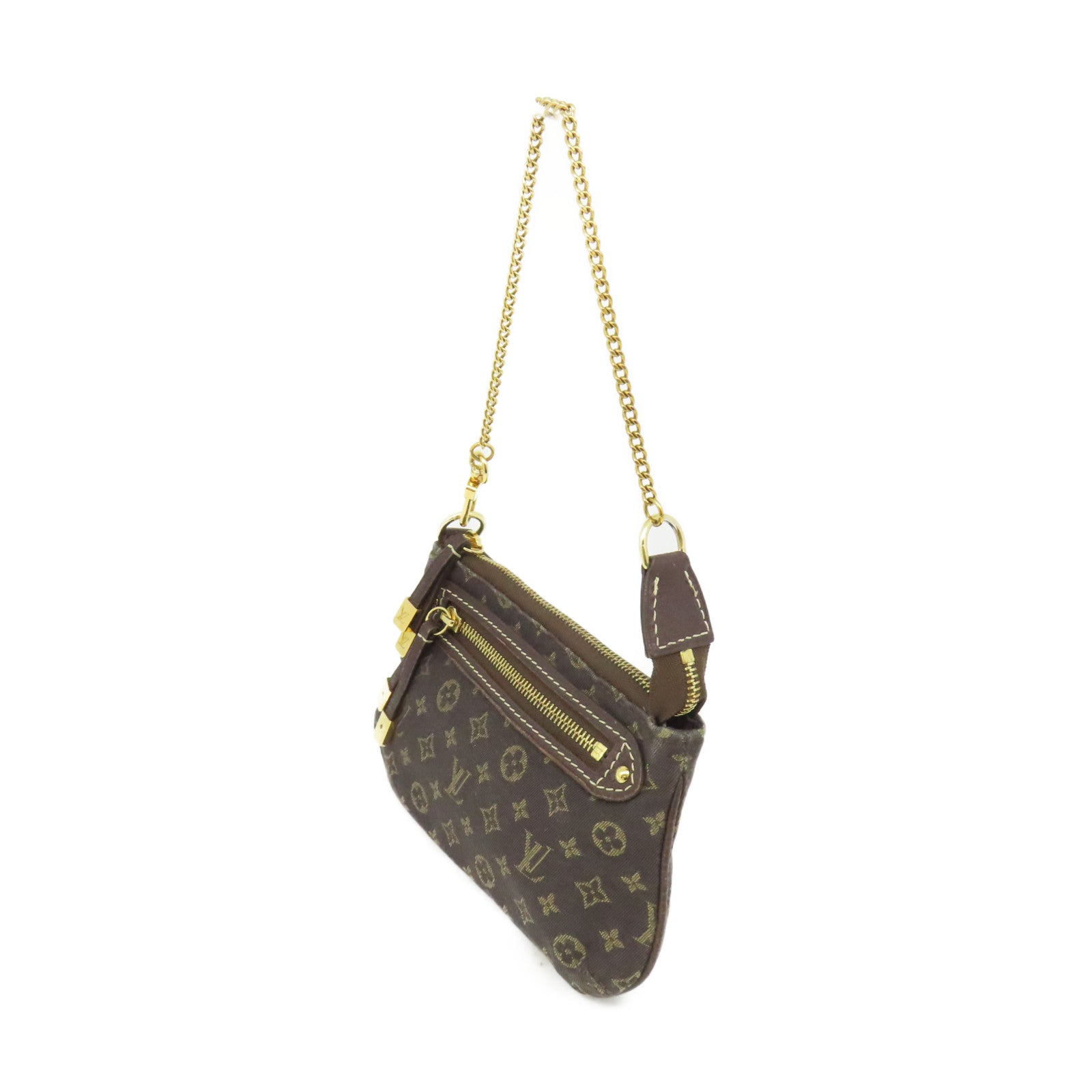 LOUIS VUITTON 【激減優惠】Monogram Mini Lin Pochette Accessoires金扣鏈帶肩帶袋啡色