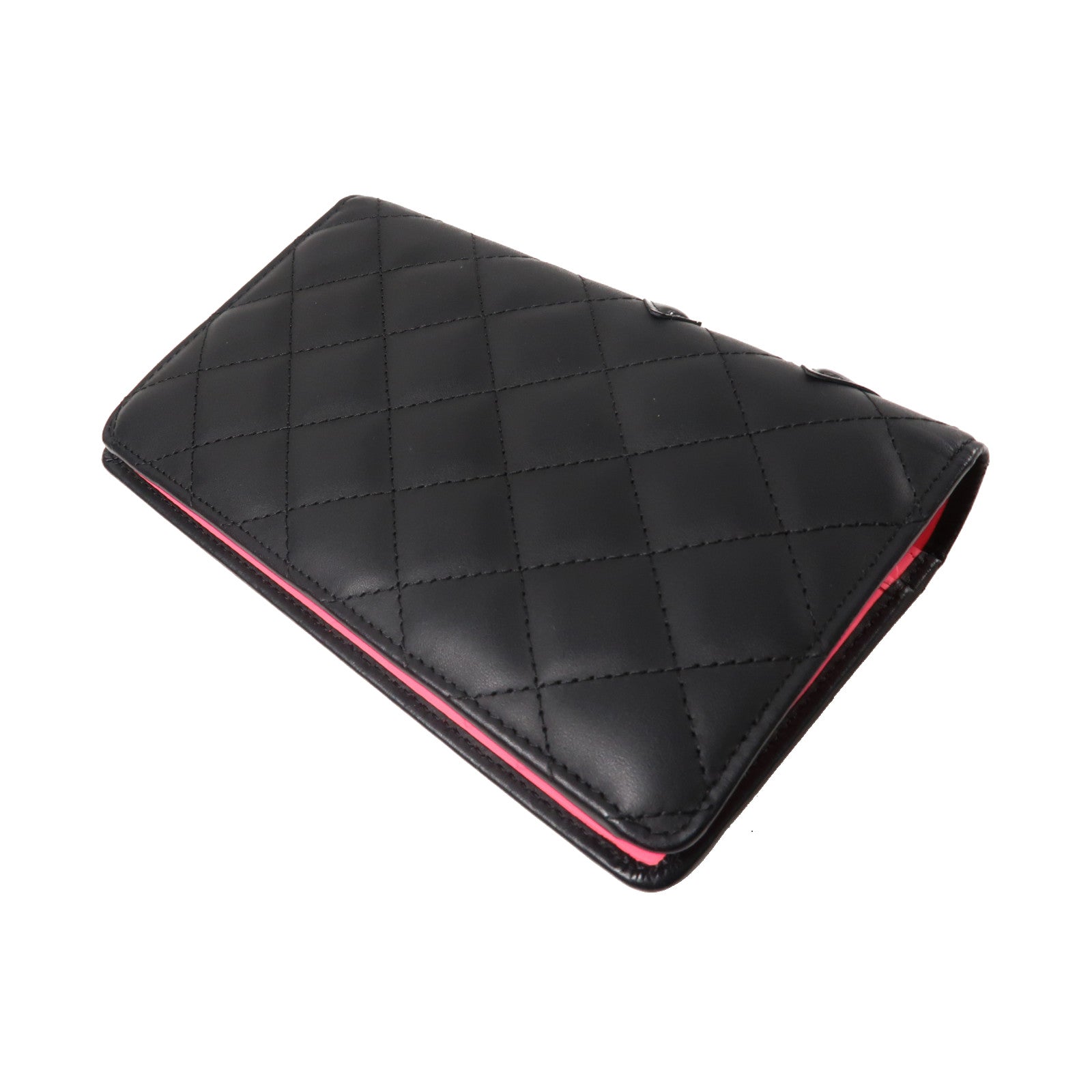 CHANEL 菱格牛皮皮革Cambon Line Fold Wallet銀扣折疊錢包黑色