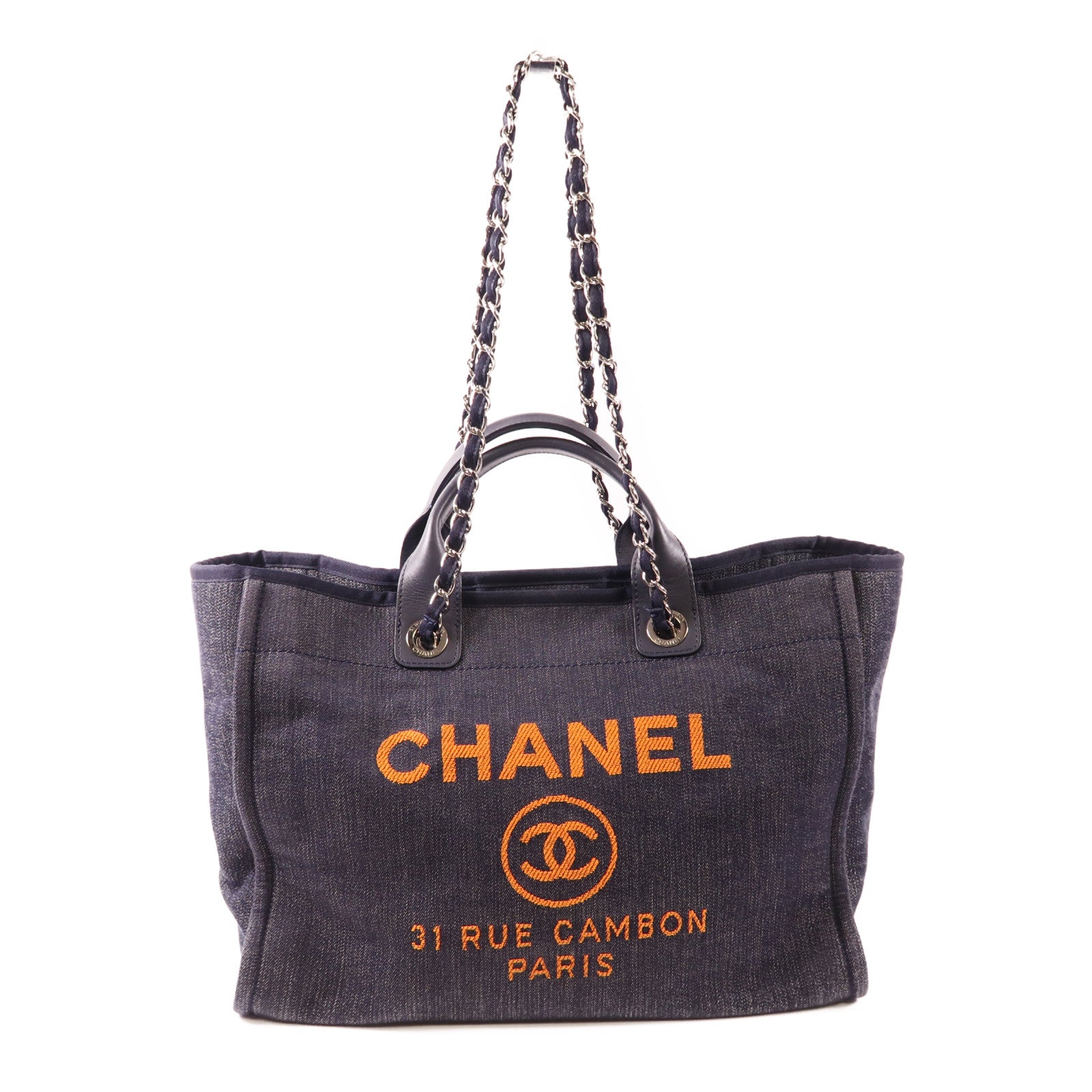 CHANEL 帆布Deauville MM銀扣鏈帶手挽肩背兩用袋