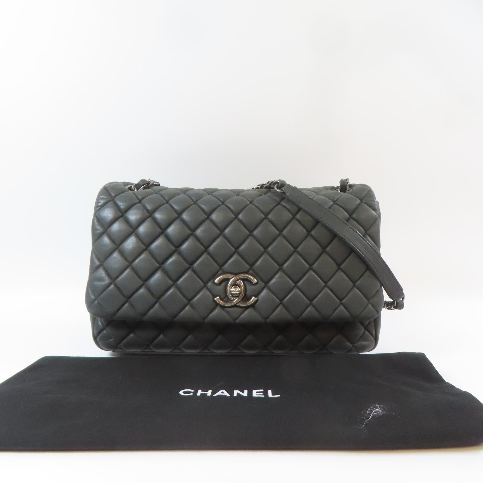 CHANEL 【激減優惠】菱格牛皮皮革Chain Shoulder Bag銀扣鏈帶肩背袋灰色