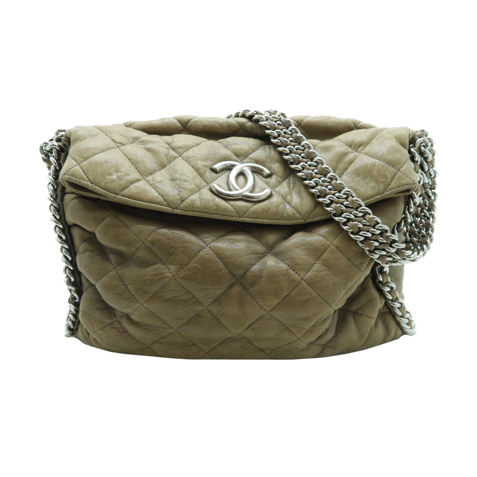 CHANEL 牛皮皮革Chain Shoulder Bag銀扣鏈帶肩背袋啡色