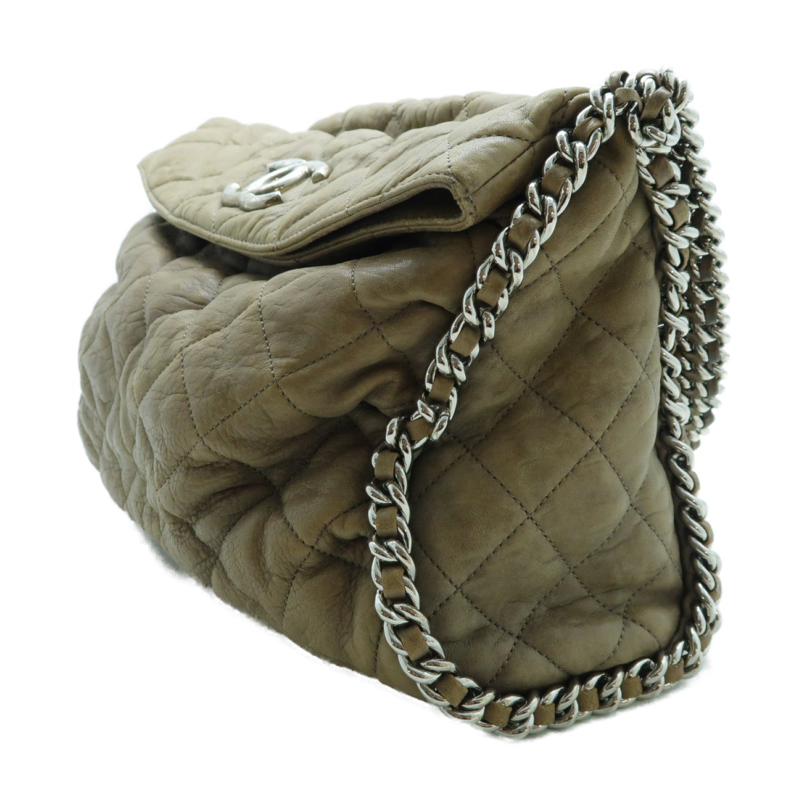 CHANEL 牛皮皮革Chain Shoulder Bag銀扣鏈帶肩背袋啡色