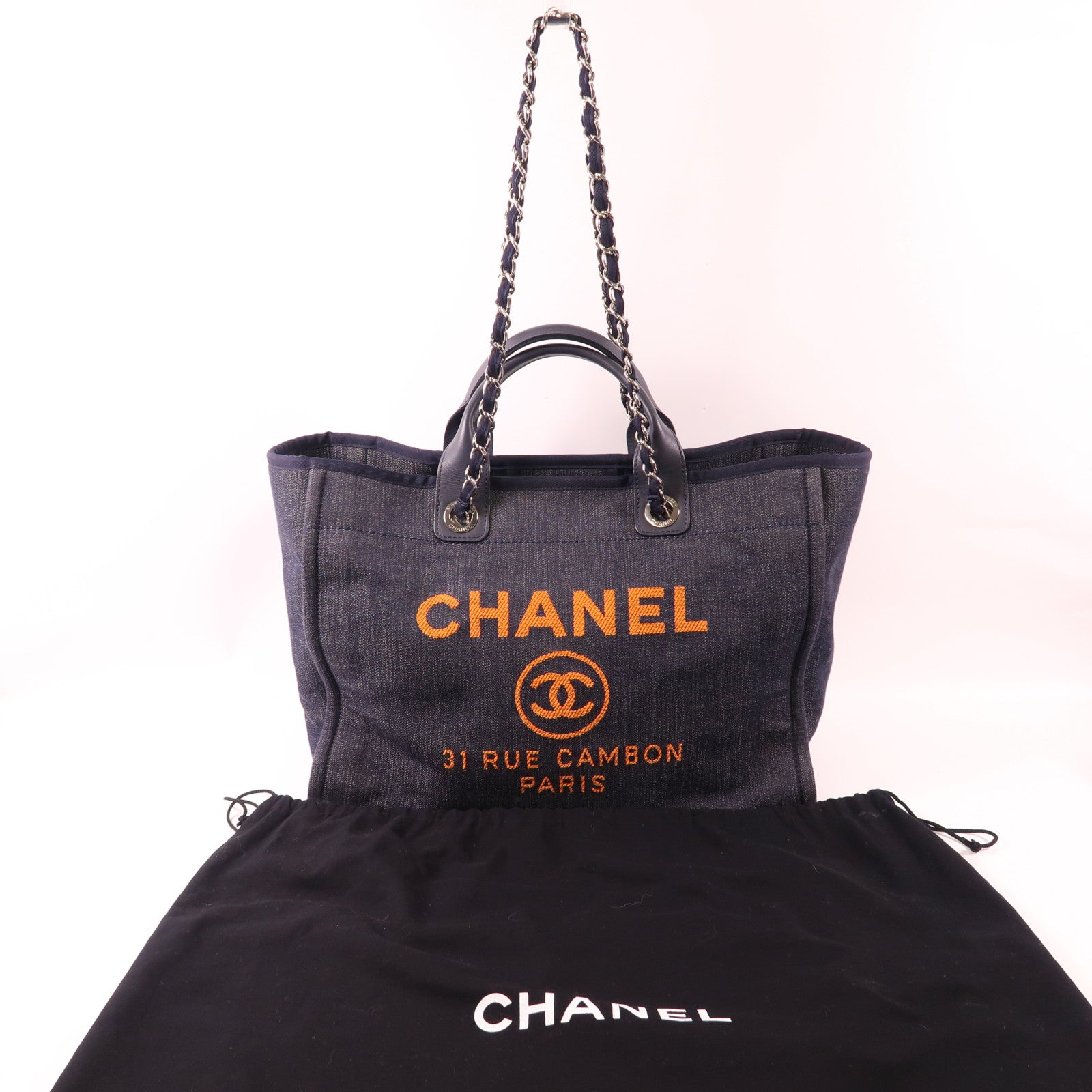 CHANEL 帆布Deauville MM銀扣鏈帶手挽肩背兩用袋