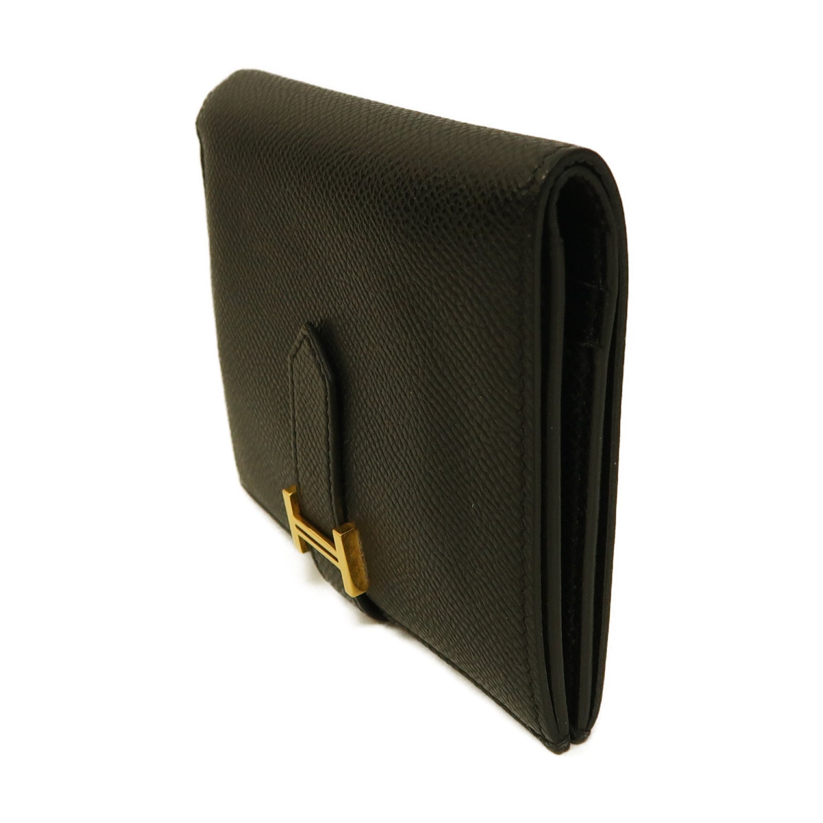 HERMES Epsom皮革Bearn Compact Wallet金扣錢包黑色