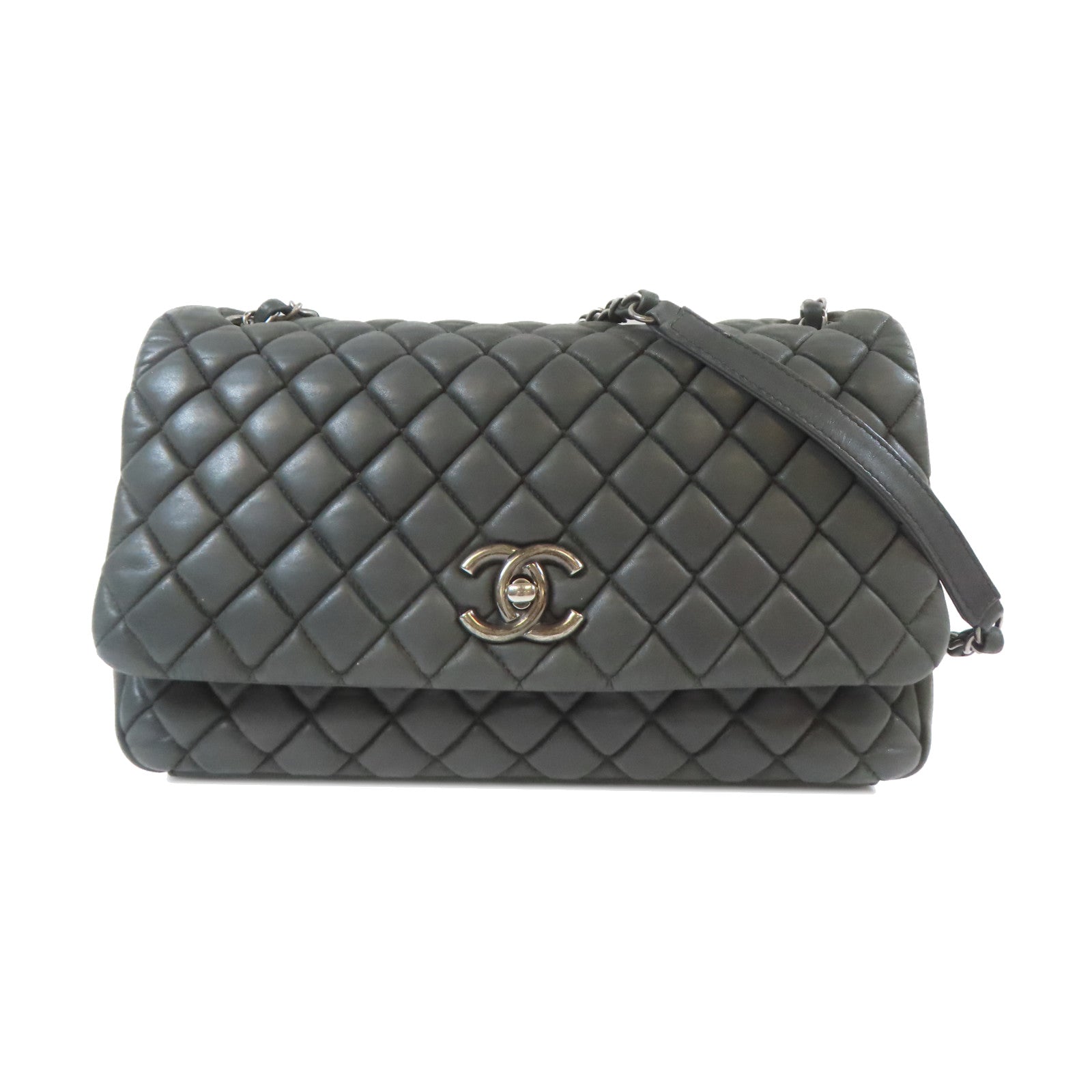 CHANEL 【激減優惠】菱格牛皮皮革Chain Shoulder Bag銀扣鏈帶肩背袋灰色