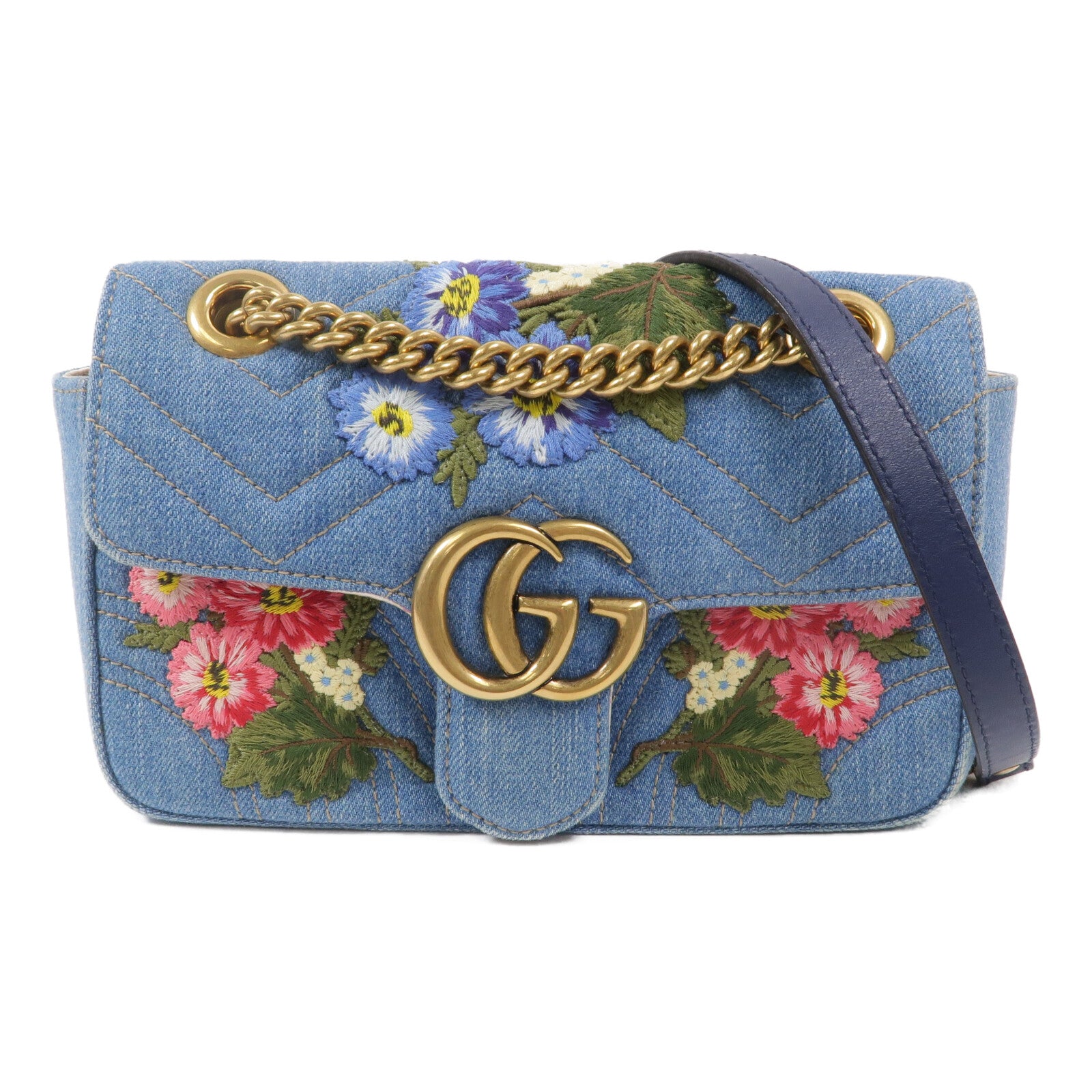 GUCCI 牛仔布GG Marmont鏈帶肩背袋