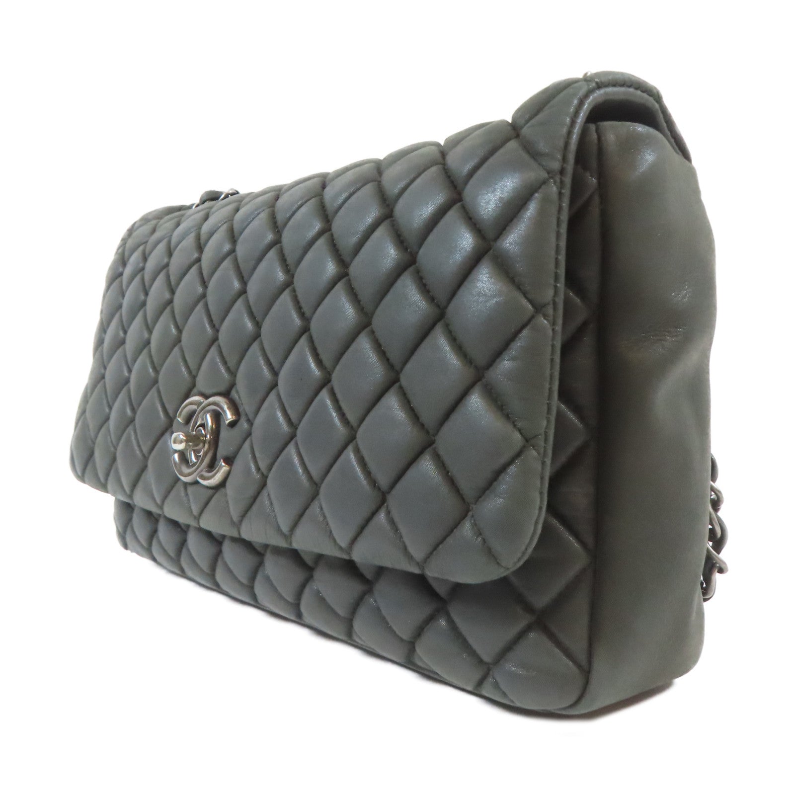 CHANEL 【激減優惠】菱格牛皮皮革Chain Shoulder Bag銀扣鏈帶肩背袋灰色