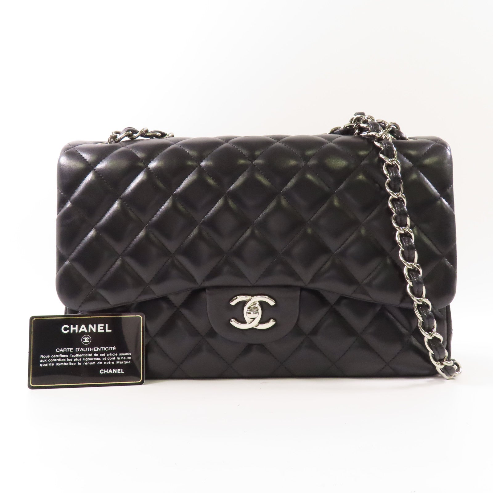 CHANEL 羊皮皮革Large Classic銀扣鏈帶肩背袋