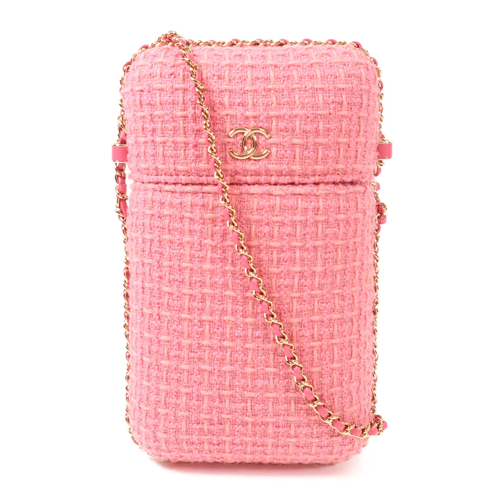 CHANEL 斜紋軟呢Phone Bag金扣鏈帶肩背袋