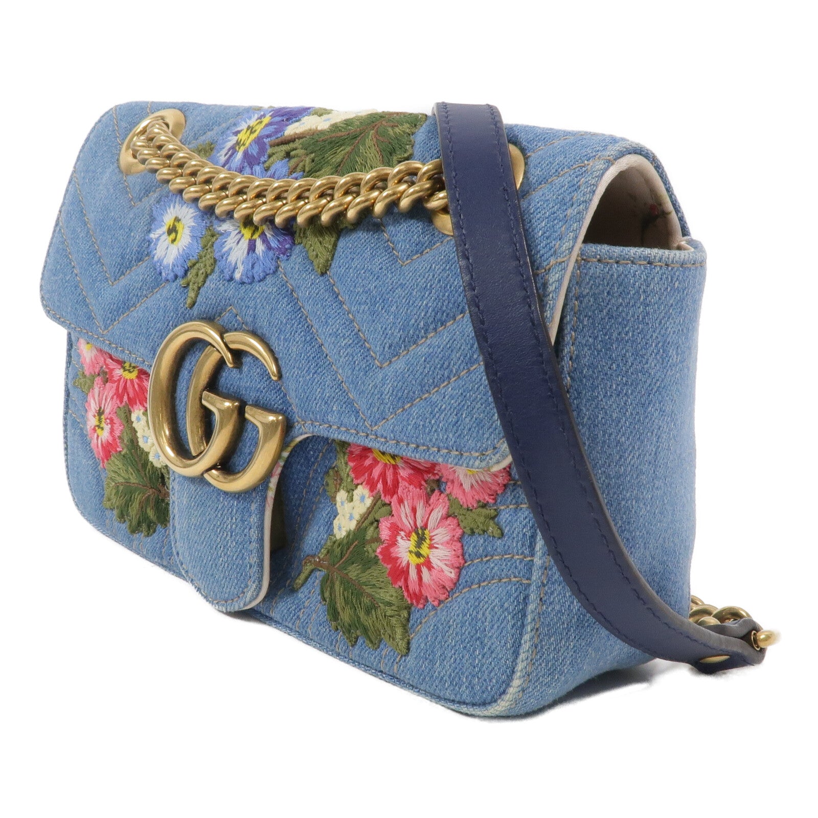 GUCCI 牛仔布GG Marmont鏈帶肩背袋