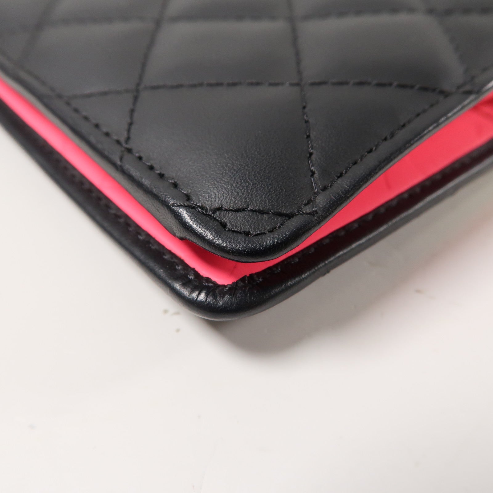 CHANEL 菱格牛皮皮革Cambon Line Fold Wallet銀扣折疊錢包黑色
