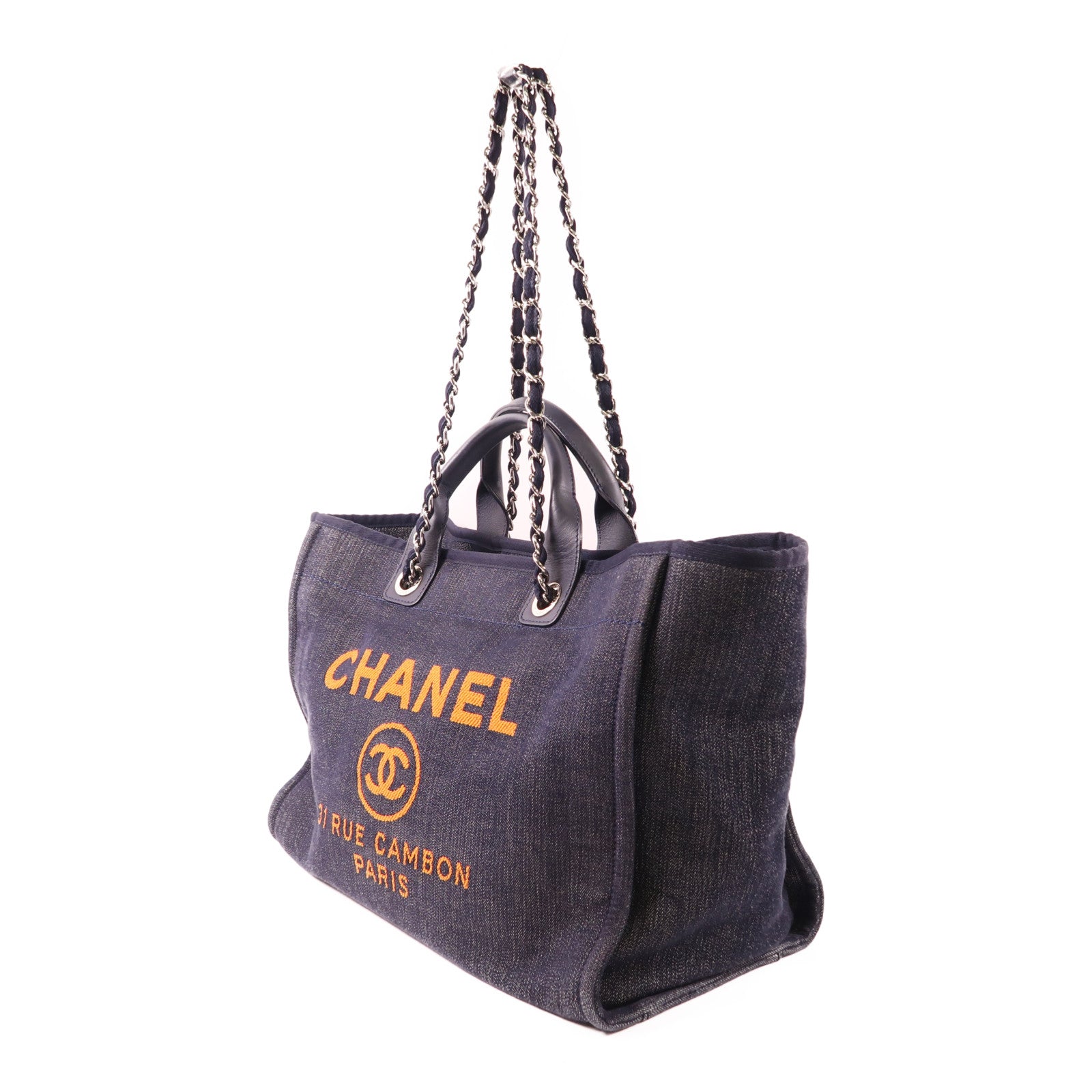 CHANEL 帆布Deauville MM銀扣鏈帶手挽肩背兩用袋