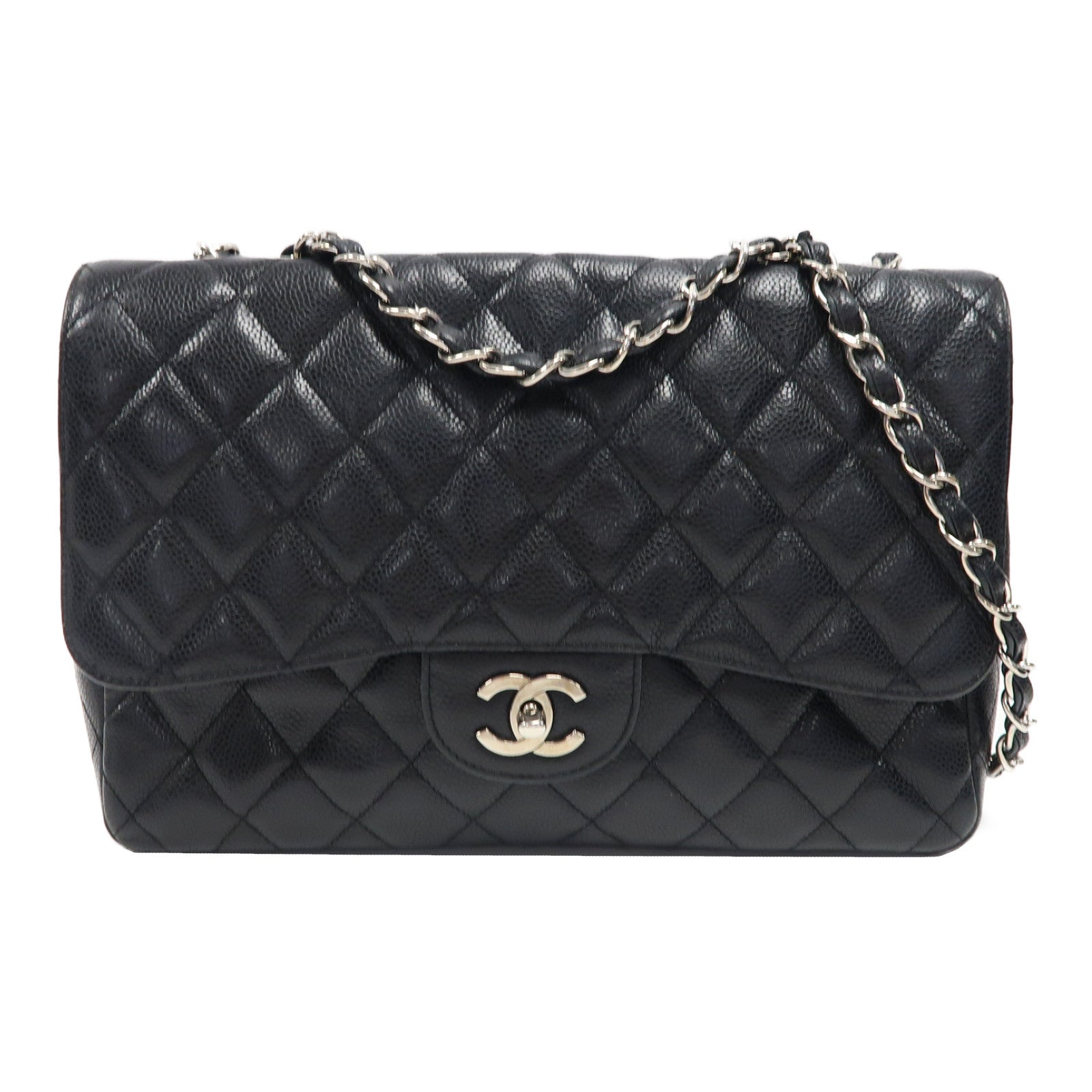 CHANEL 【激減優惠】菱格Caviar皮革Classic Jumbo銀扣鏈帶肩背袋黑色
