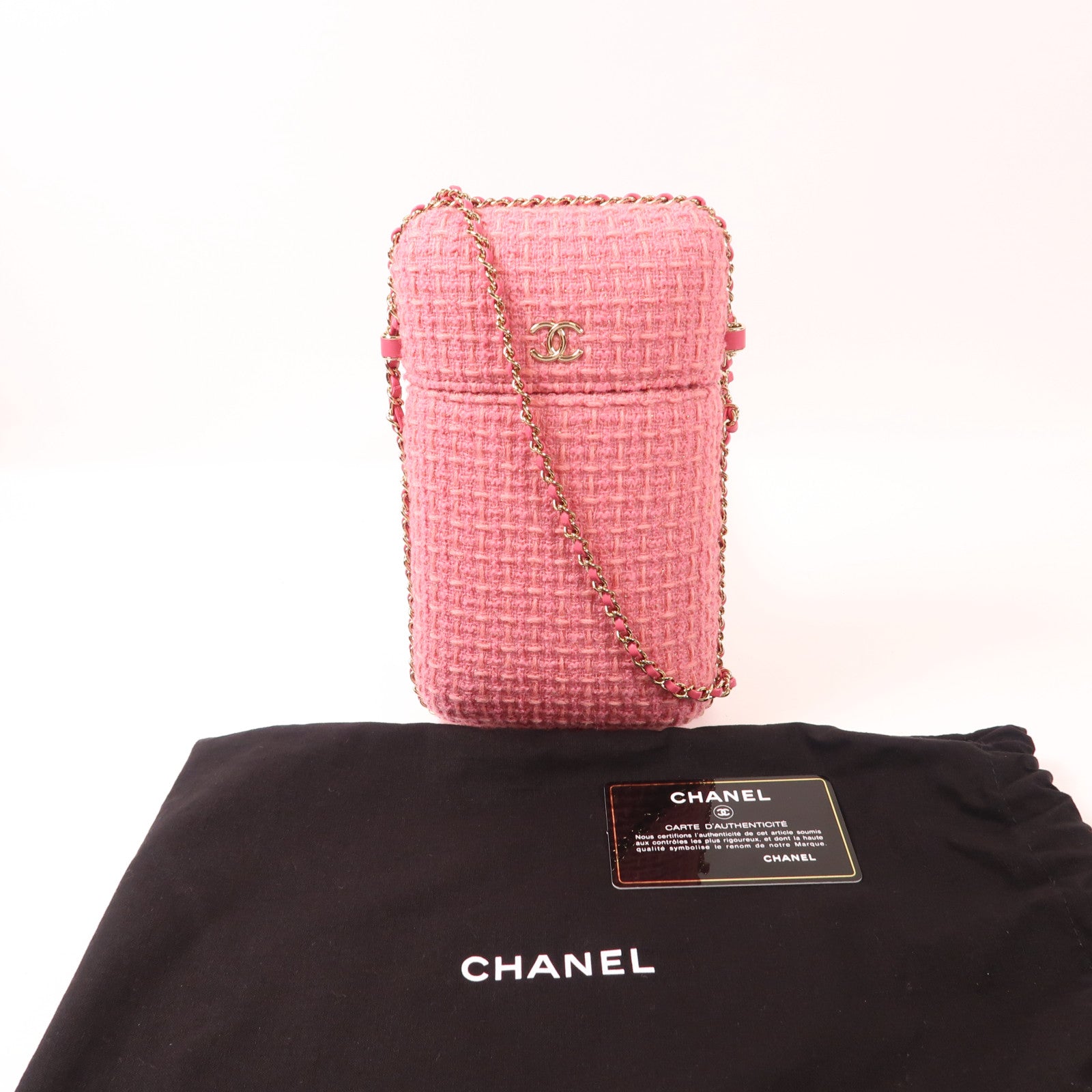 CHANEL 斜紋軟呢Phone Bag金扣鏈帶肩背袋