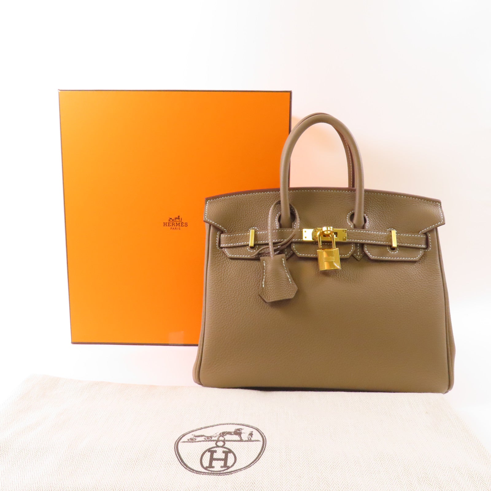 HERMES 【激減優惠】Clemence皮革Birkin 25金扣手挽袋18 Etoupe