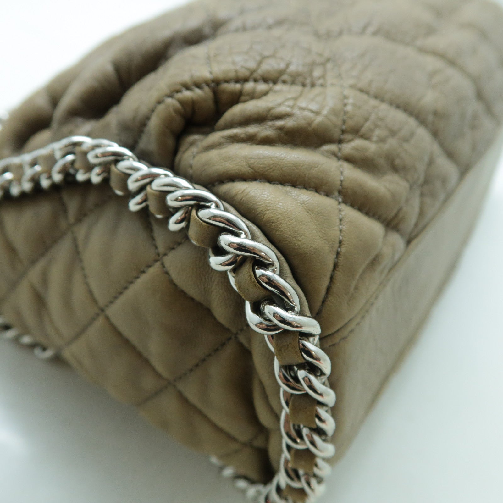 CHANEL 牛皮皮革Chain Shoulder Bag銀扣鏈帶肩背袋啡色