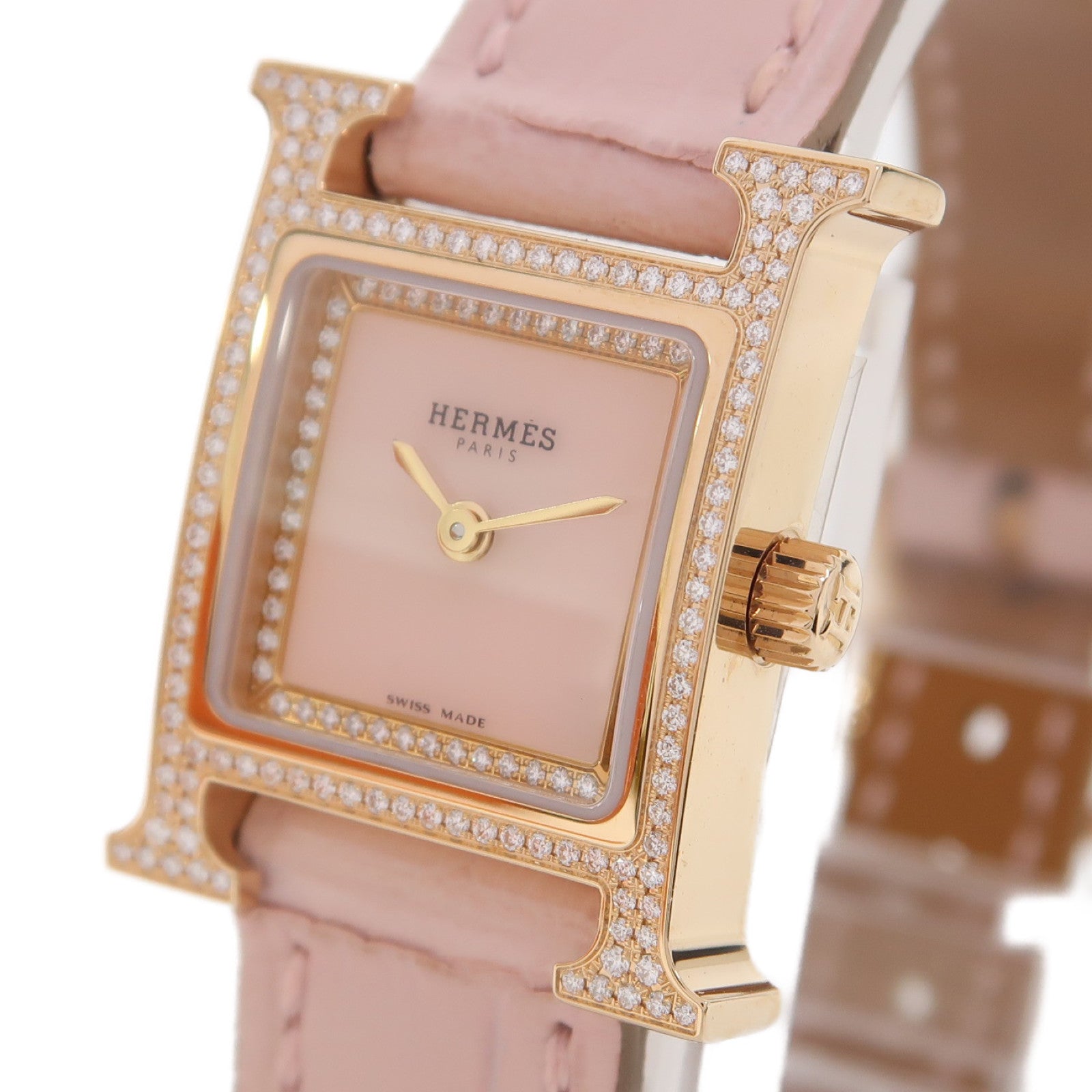 HERMES Heure H Mini Model 21mm不鏽鋼/皮革帶手錶石英機芯粉紅色