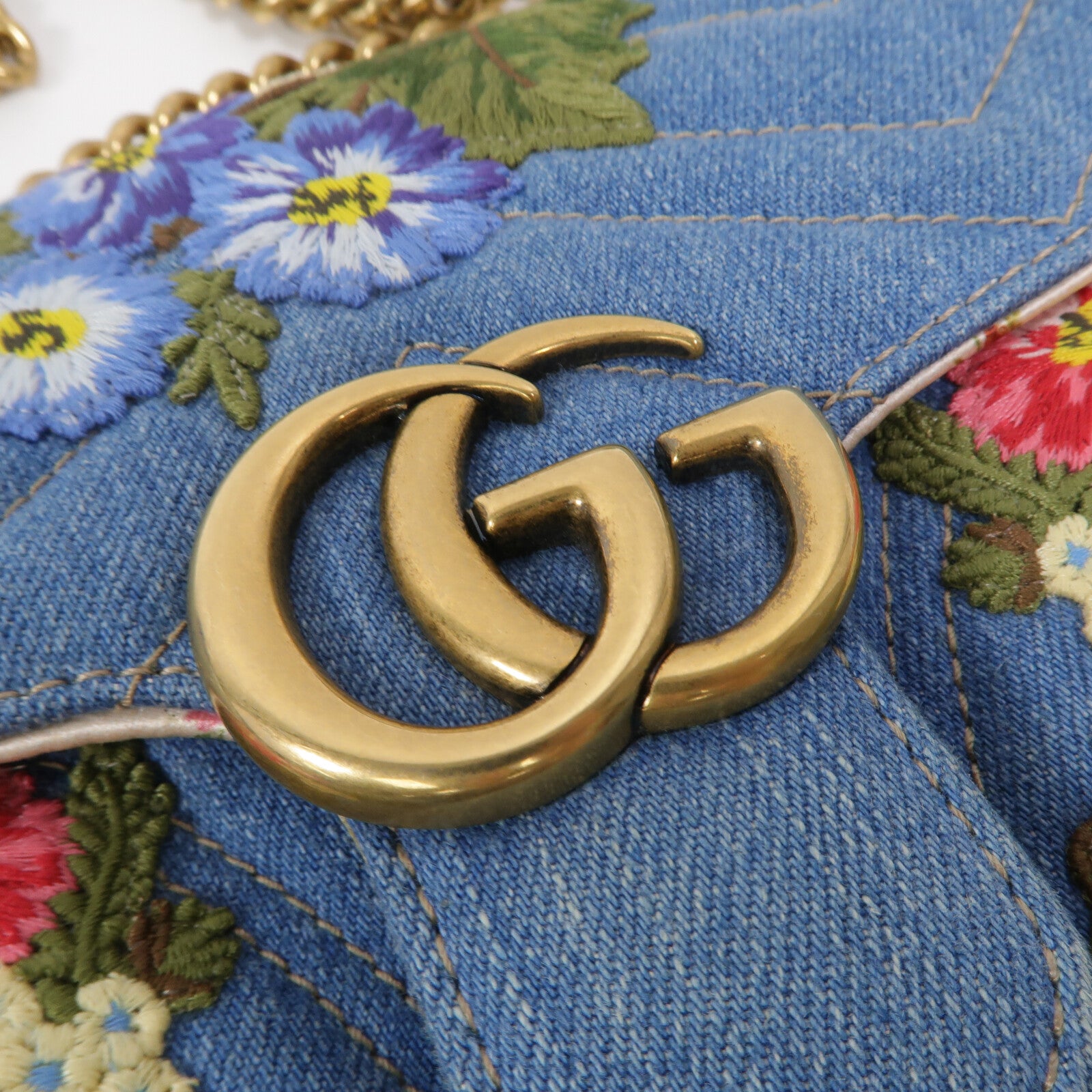GUCCI 牛仔布GG Marmont鏈帶肩背袋