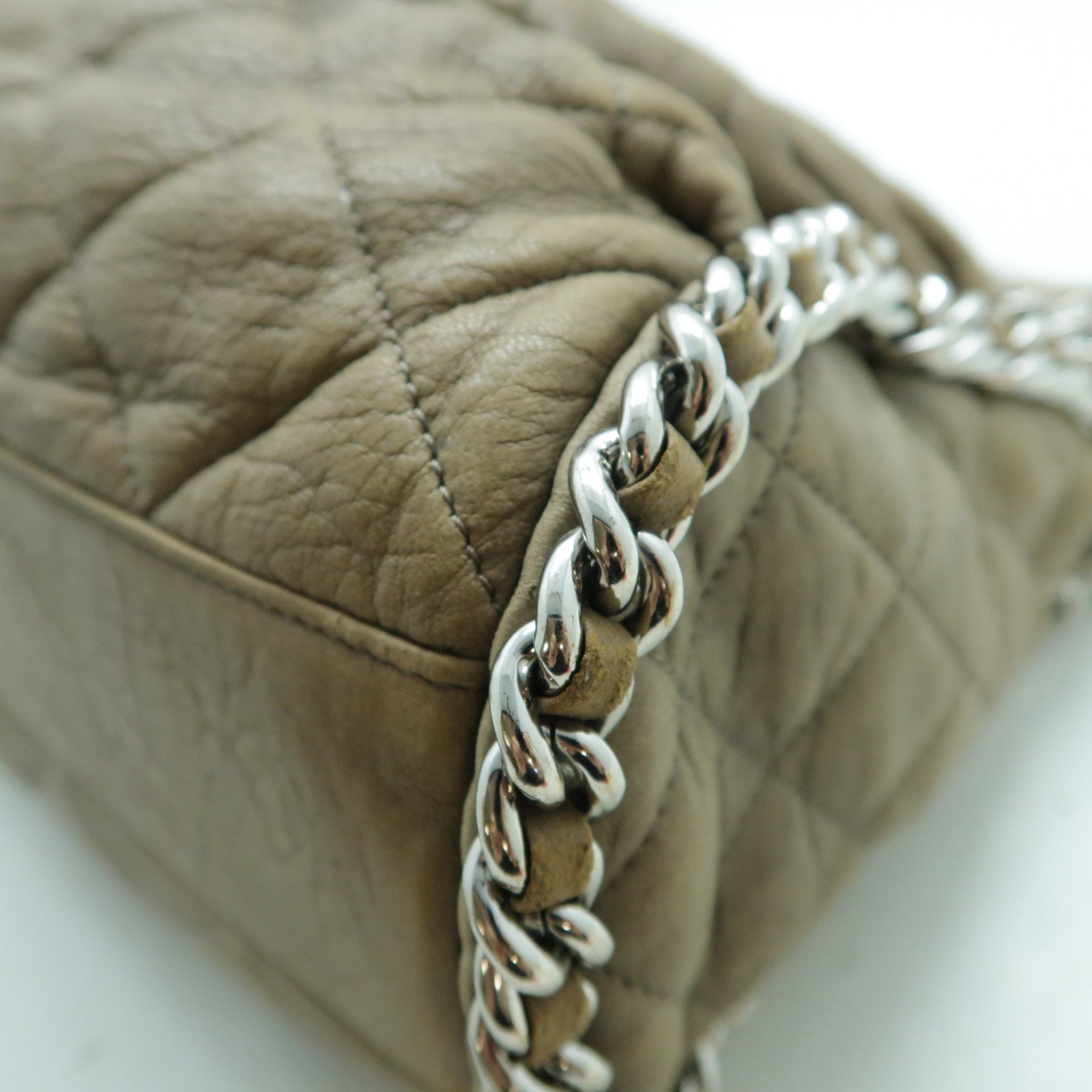 CHANEL 牛皮皮革Chain Shoulder Bag銀扣鏈帶肩背袋啡色