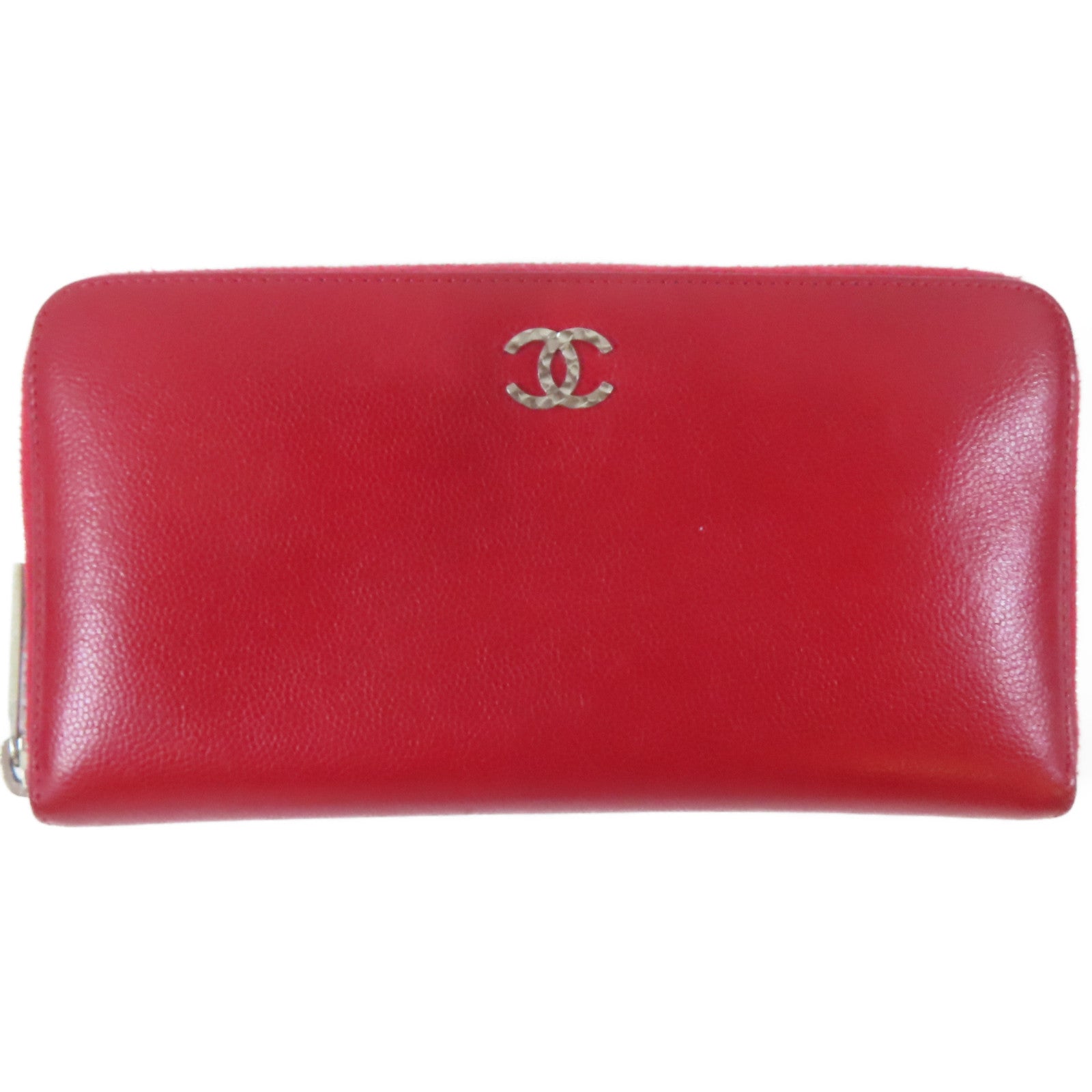 CHANEL 牛皮皮革Long Wallet銀扣長錢包紅色