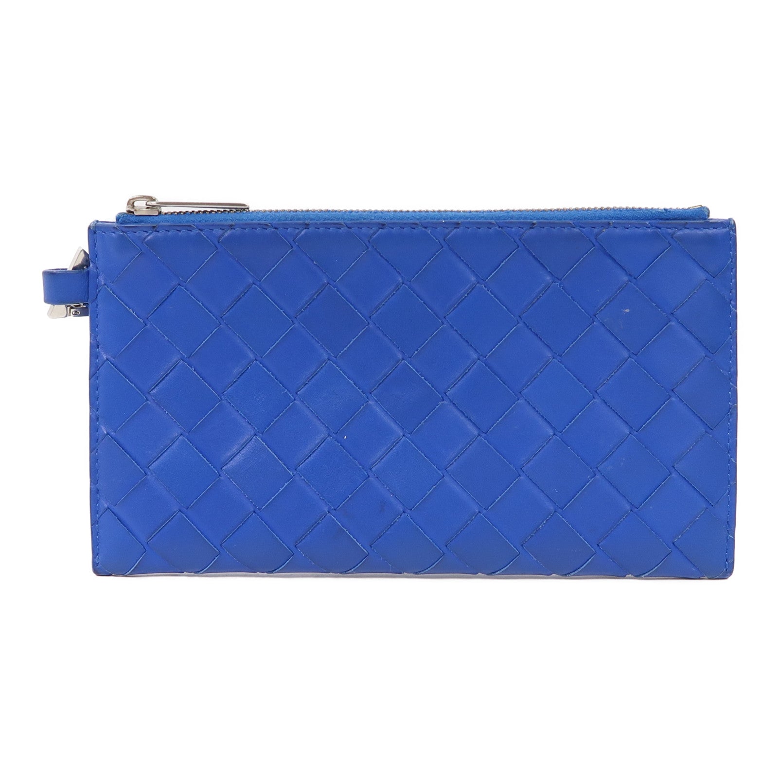 BOTTEGA VENETA 織紋皮革Zipper Wallet銀扣長錢包藍色