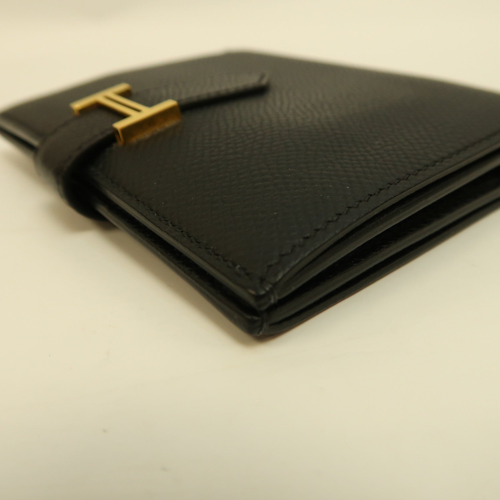 HERMES Epsom皮革Bearn Compact Wallet金扣錢包黑色