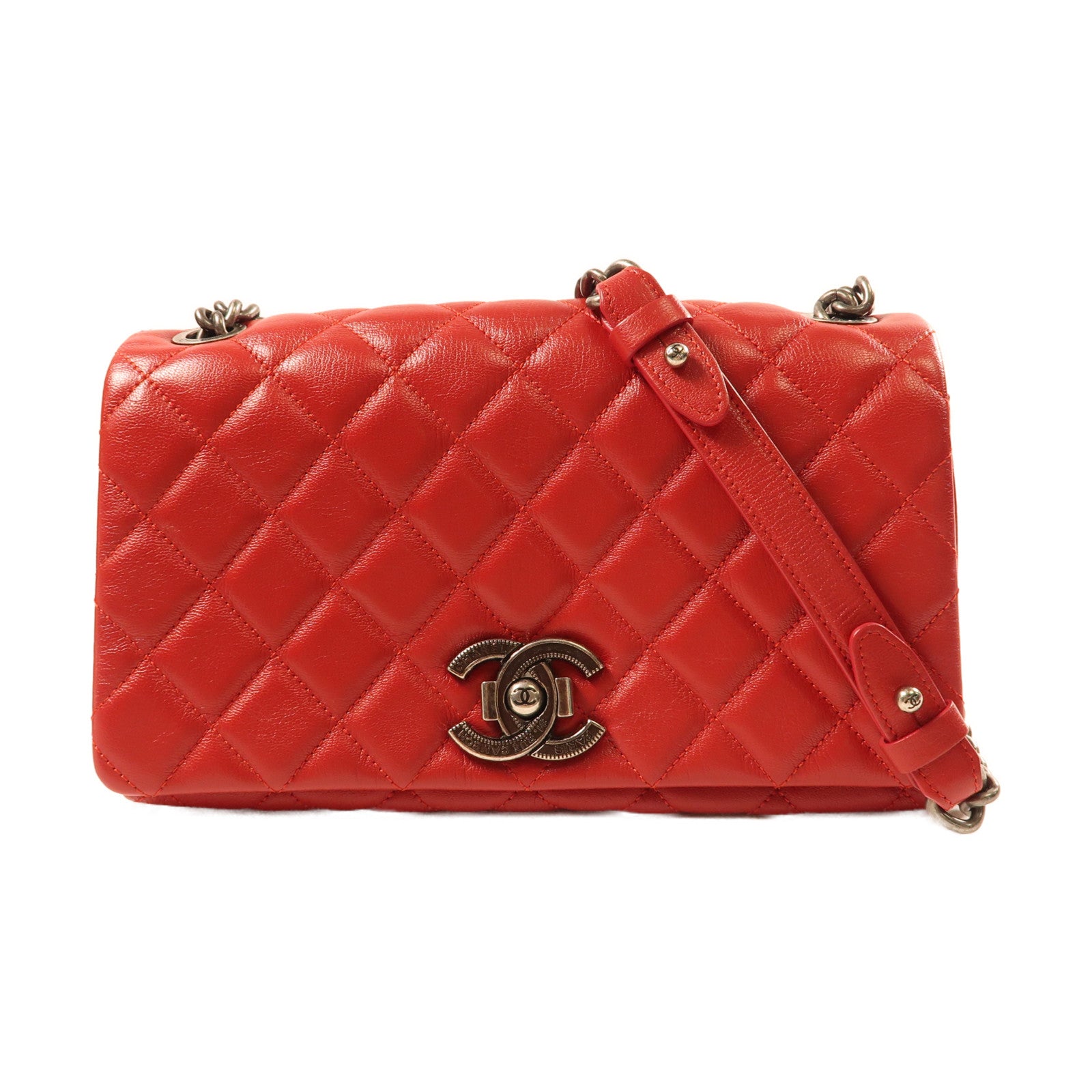 CHANEL 羊皮皮革Shoulder Bag銀扣鏈帶肩背袋紅色