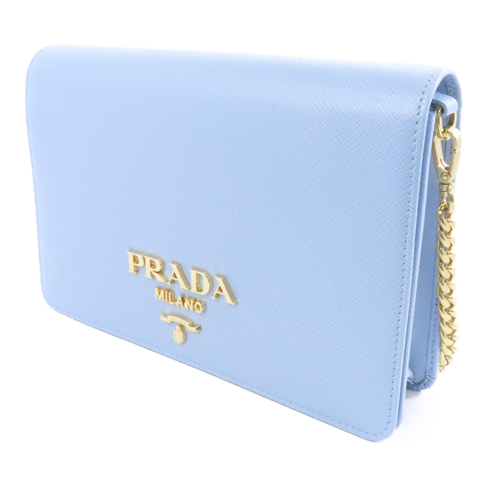 PRADA Saffiano皮革Chain Shoulder Bag金扣鏈帶肩背袋淺藍色