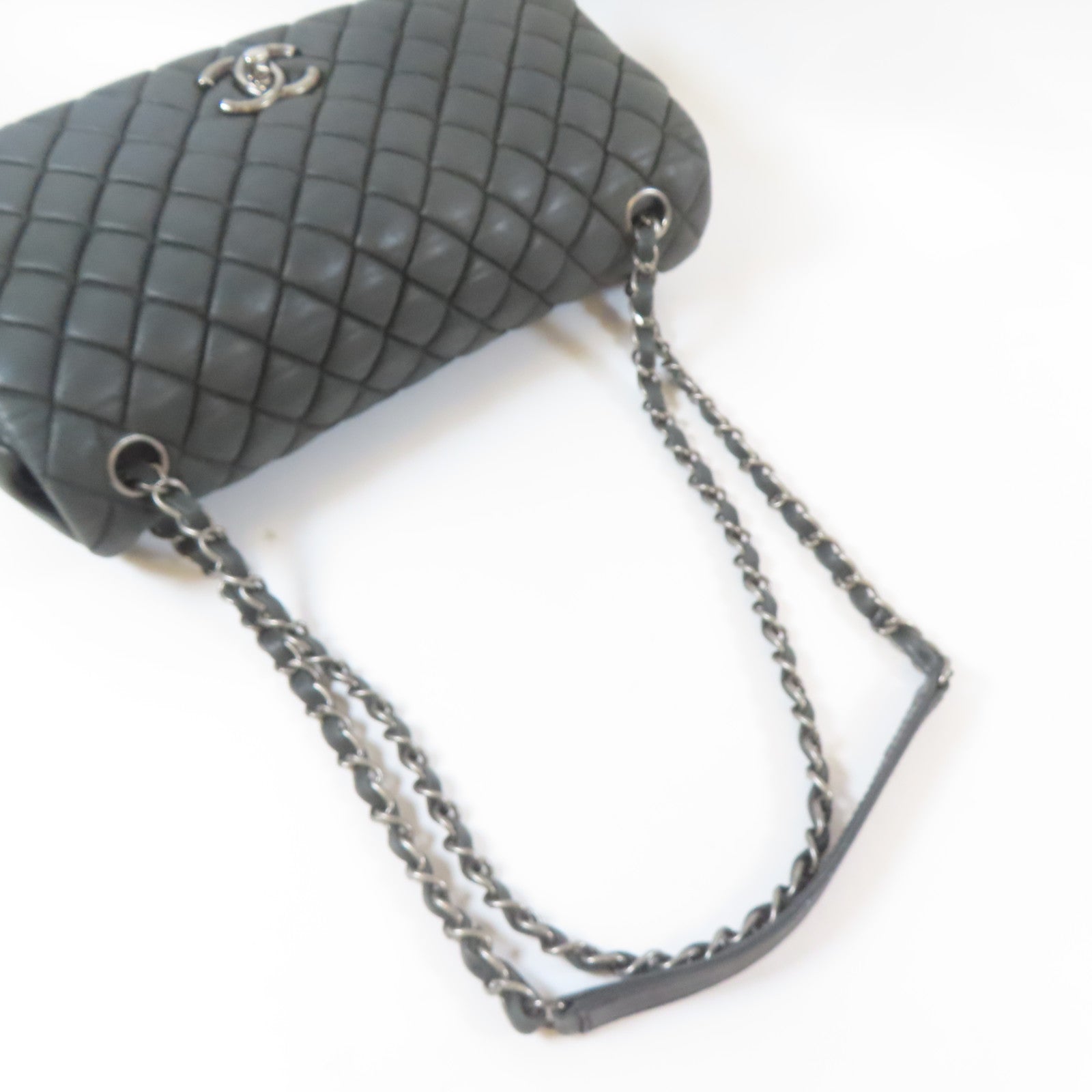 CHANEL 【激減優惠】菱格牛皮皮革Chain Shoulder Bag銀扣鏈帶肩背袋灰色