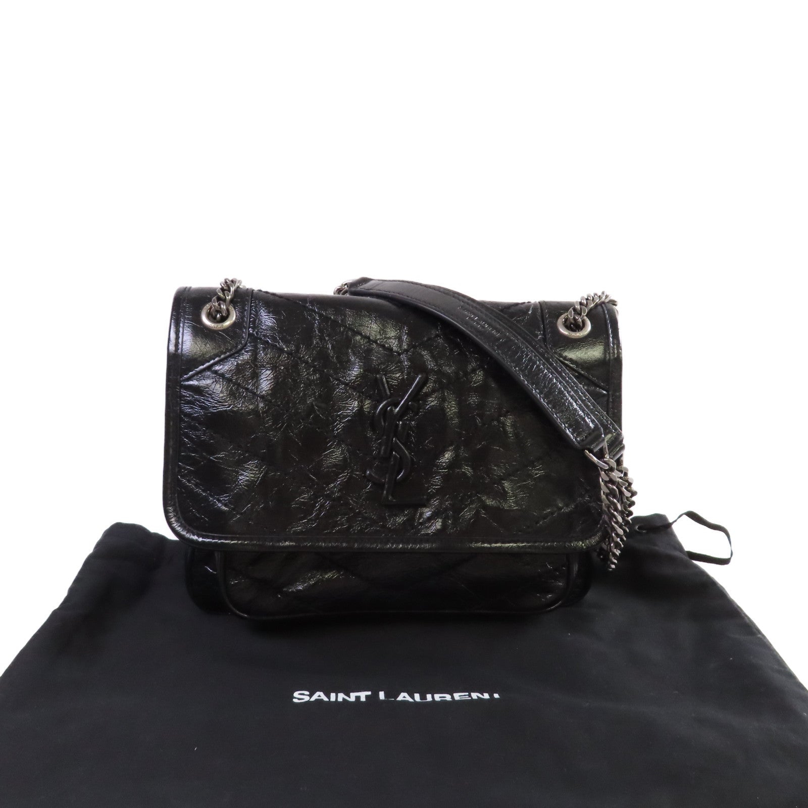 SAINT LAURENT 斜紋皮革Niki Baby Chain Shoulder Bag銀扣鏈帶肩背袋黑色
