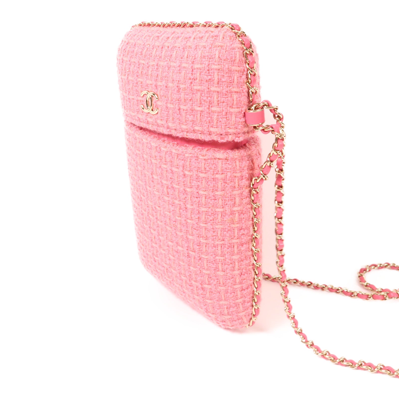 CHANEL 斜紋軟呢Phone Bag金扣鏈帶肩背袋