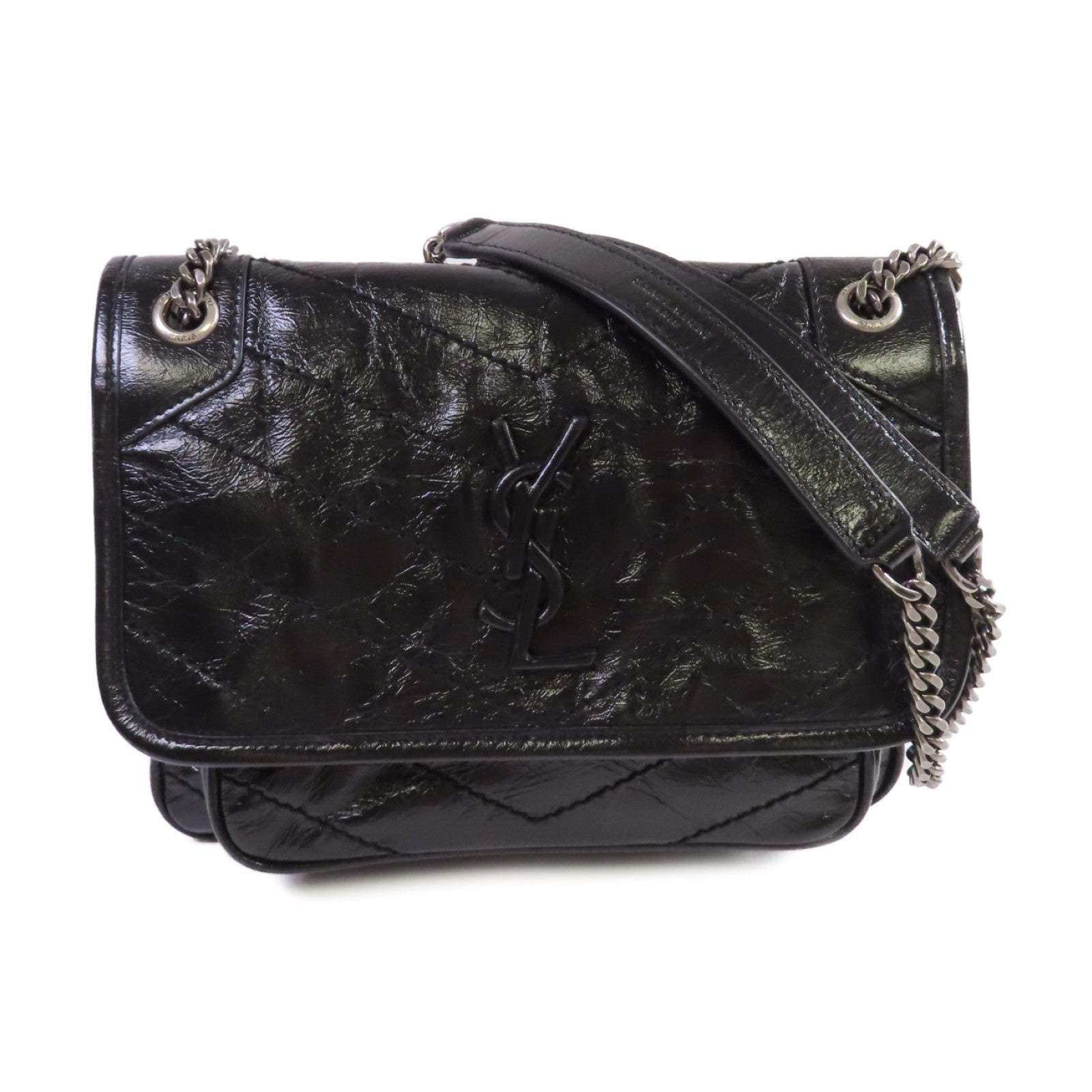 SAINT LAURENT 斜紋皮革Niki Baby Chain Shoulder Bag銀扣鏈帶肩背袋黑色