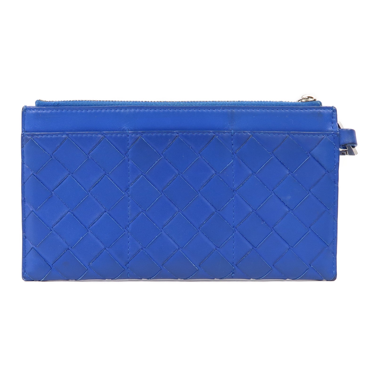 BOTTEGA VENETA 織紋皮革Zipper Wallet銀扣長錢包藍色
