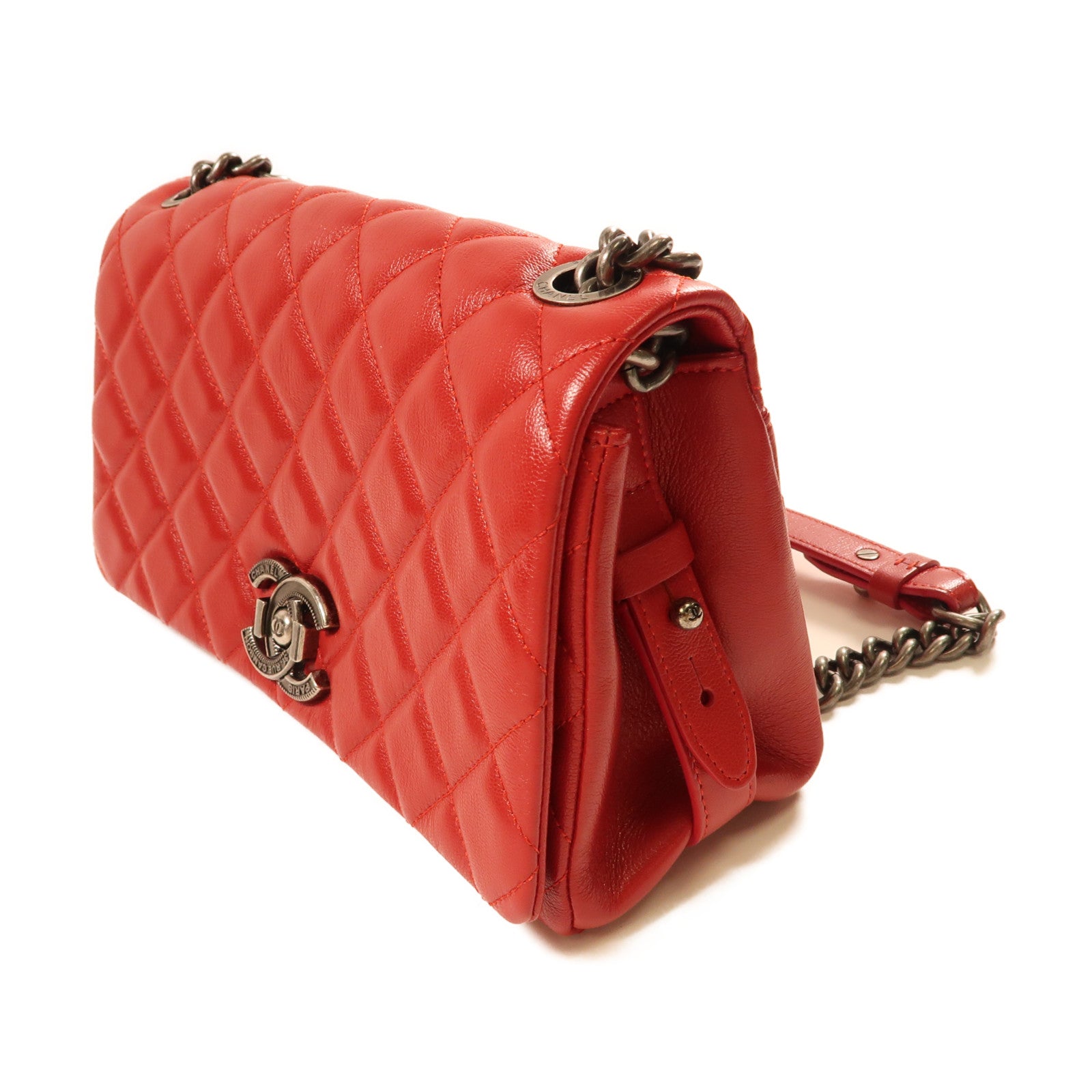 CHANEL 羊皮皮革Shoulder Bag銀扣鏈帶肩背袋紅色