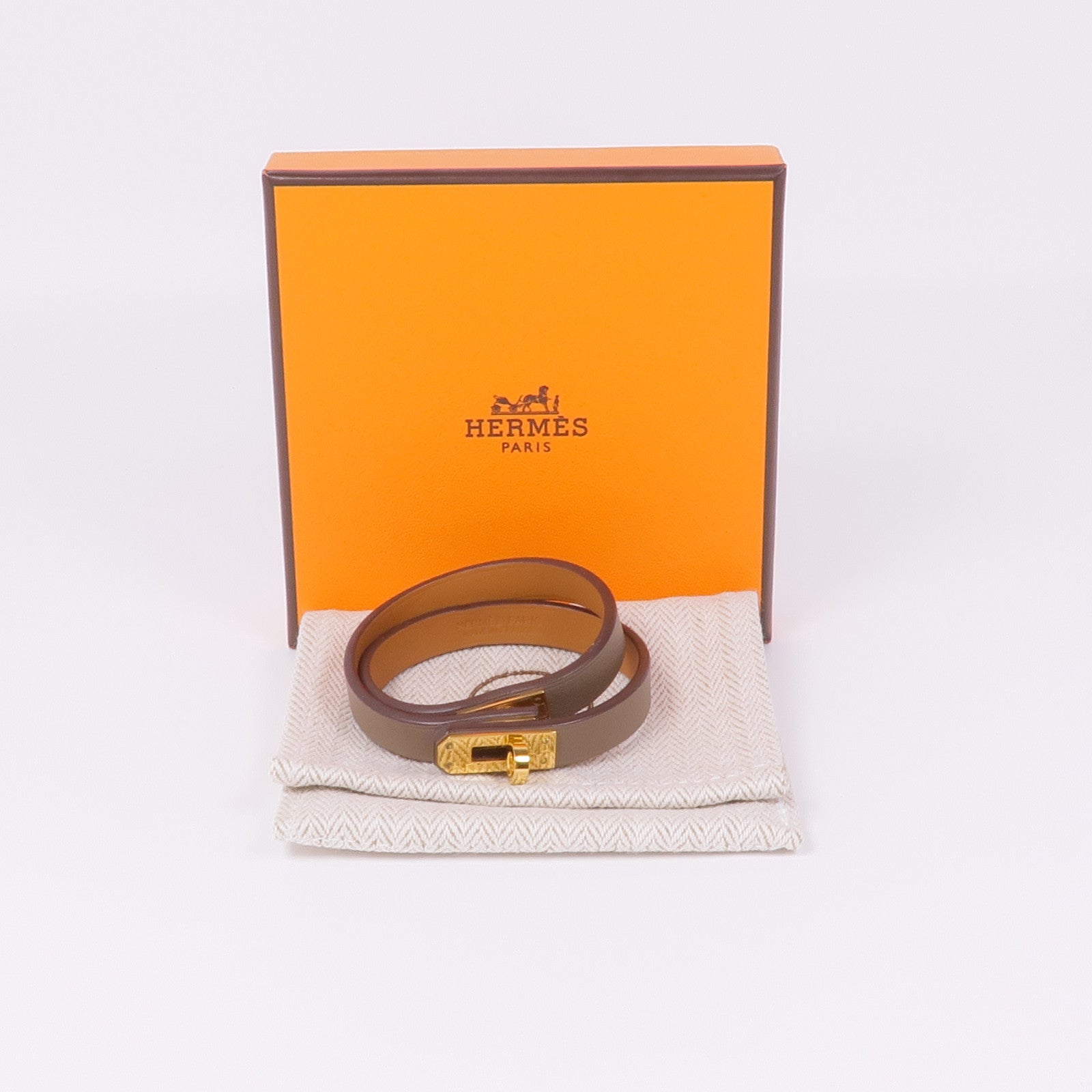 HERMES Swift皮革Mini Kelly Double Bracelet金扣手帶Etoupe