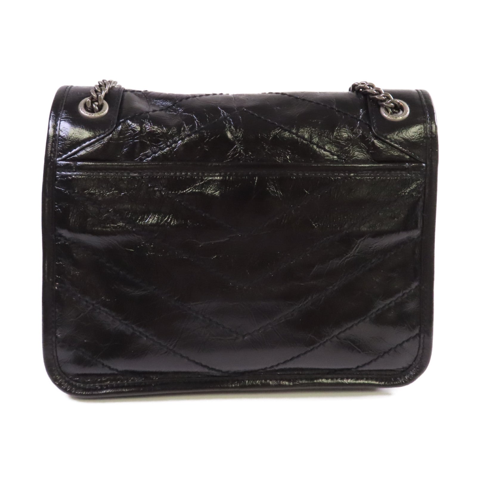 SAINT LAURENT 斜紋皮革Niki Baby Chain Shoulder Bag銀扣鏈帶肩背袋黑色