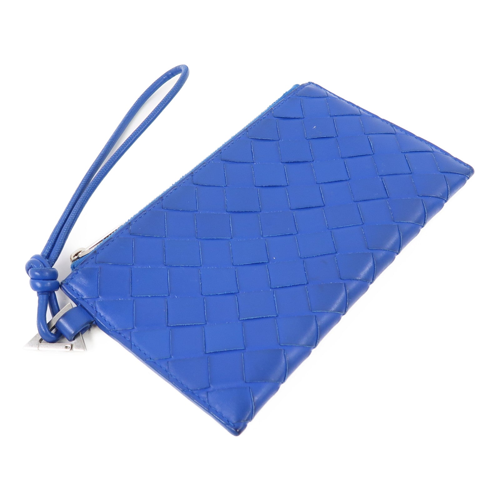 BOTTEGA VENETA 織紋皮革Zipper Wallet銀扣長錢包藍色