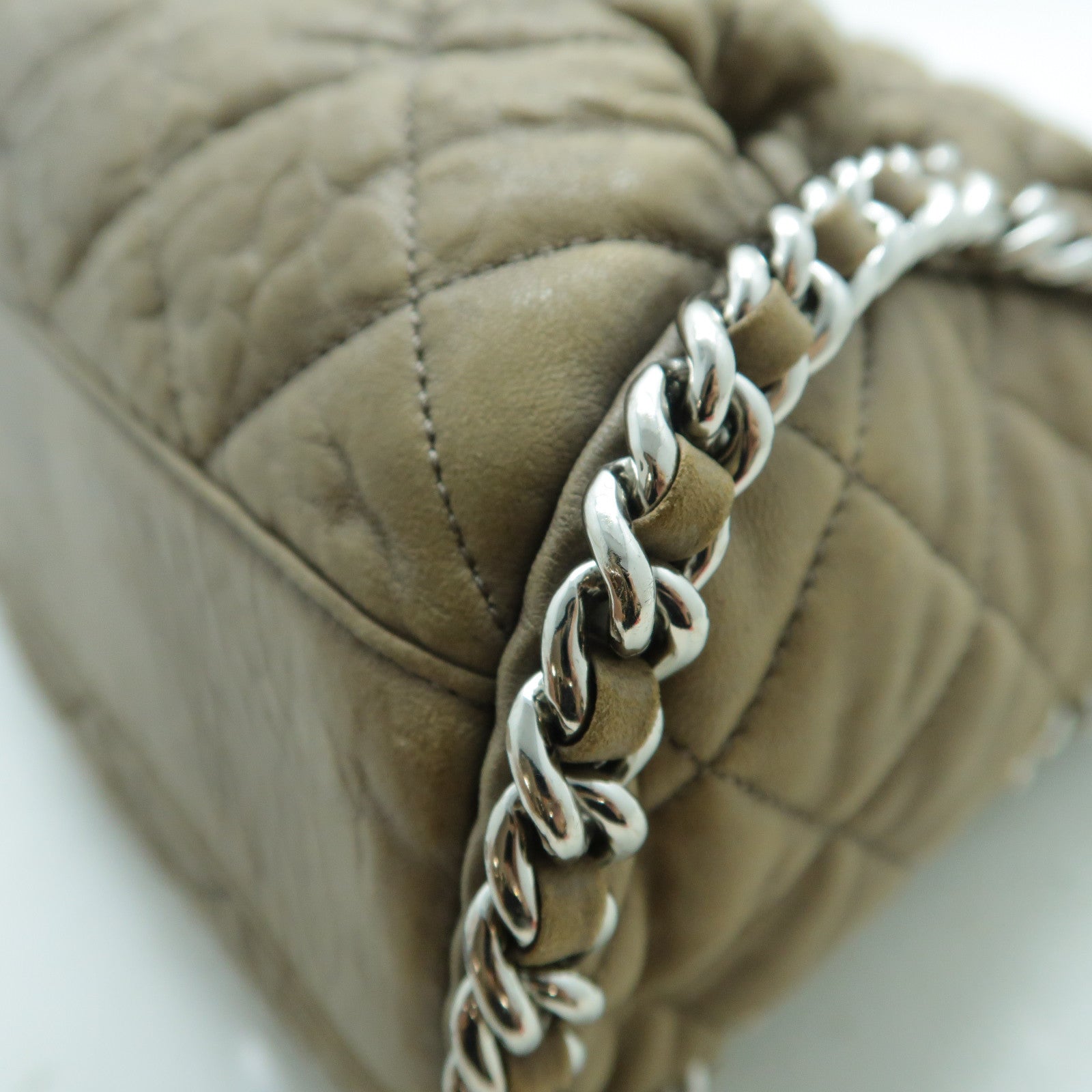 CHANEL 牛皮皮革Chain Shoulder Bag銀扣鏈帶肩背袋啡色