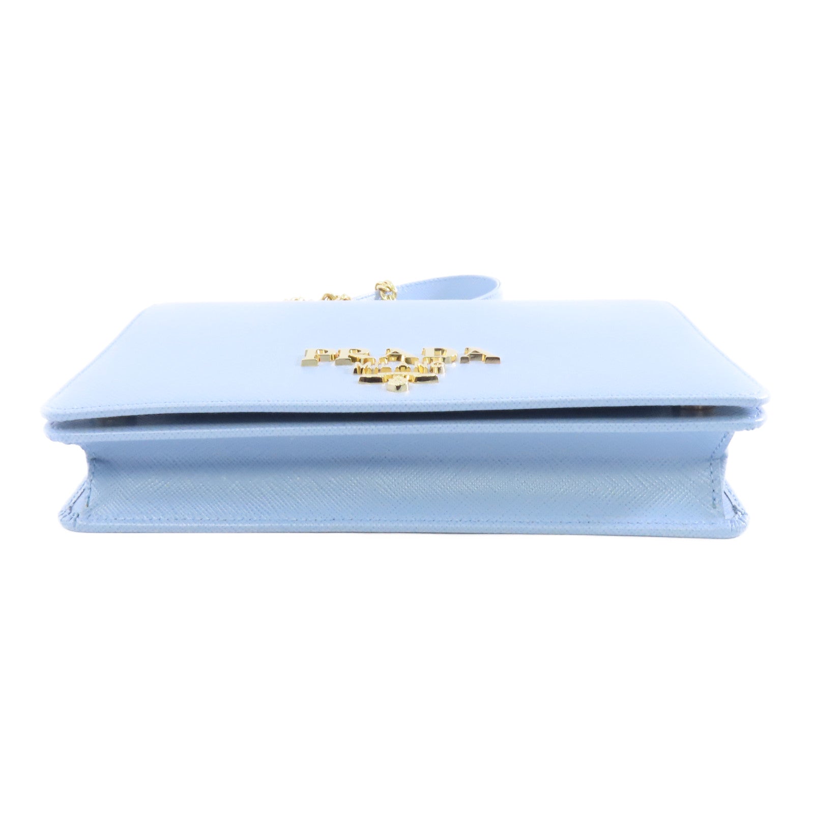 PRADA Saffiano皮革Chain Shoulder Bag金扣鏈帶肩背袋淺藍色
