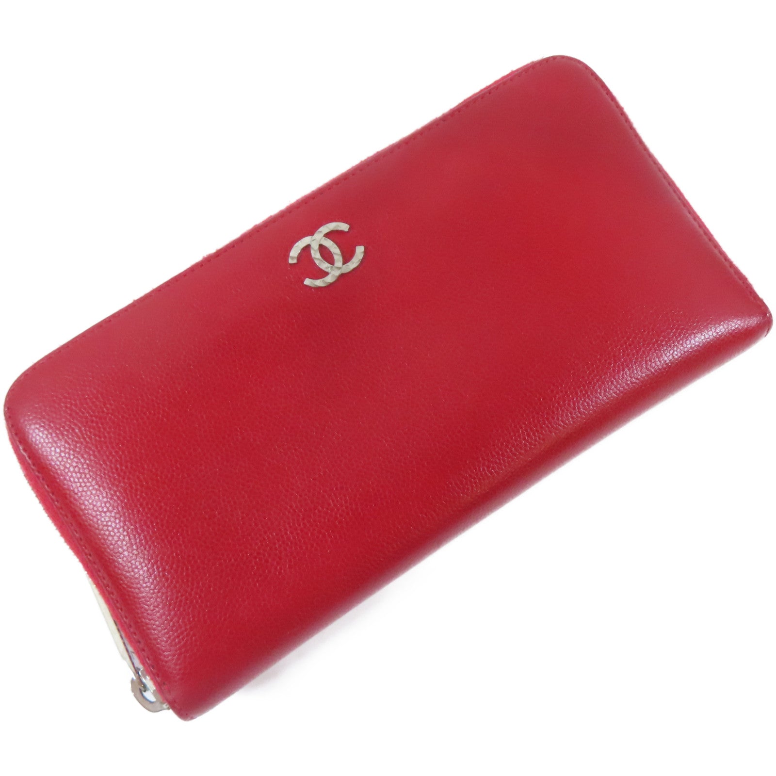CHANEL 牛皮皮革Long Wallet銀扣長錢包紅色