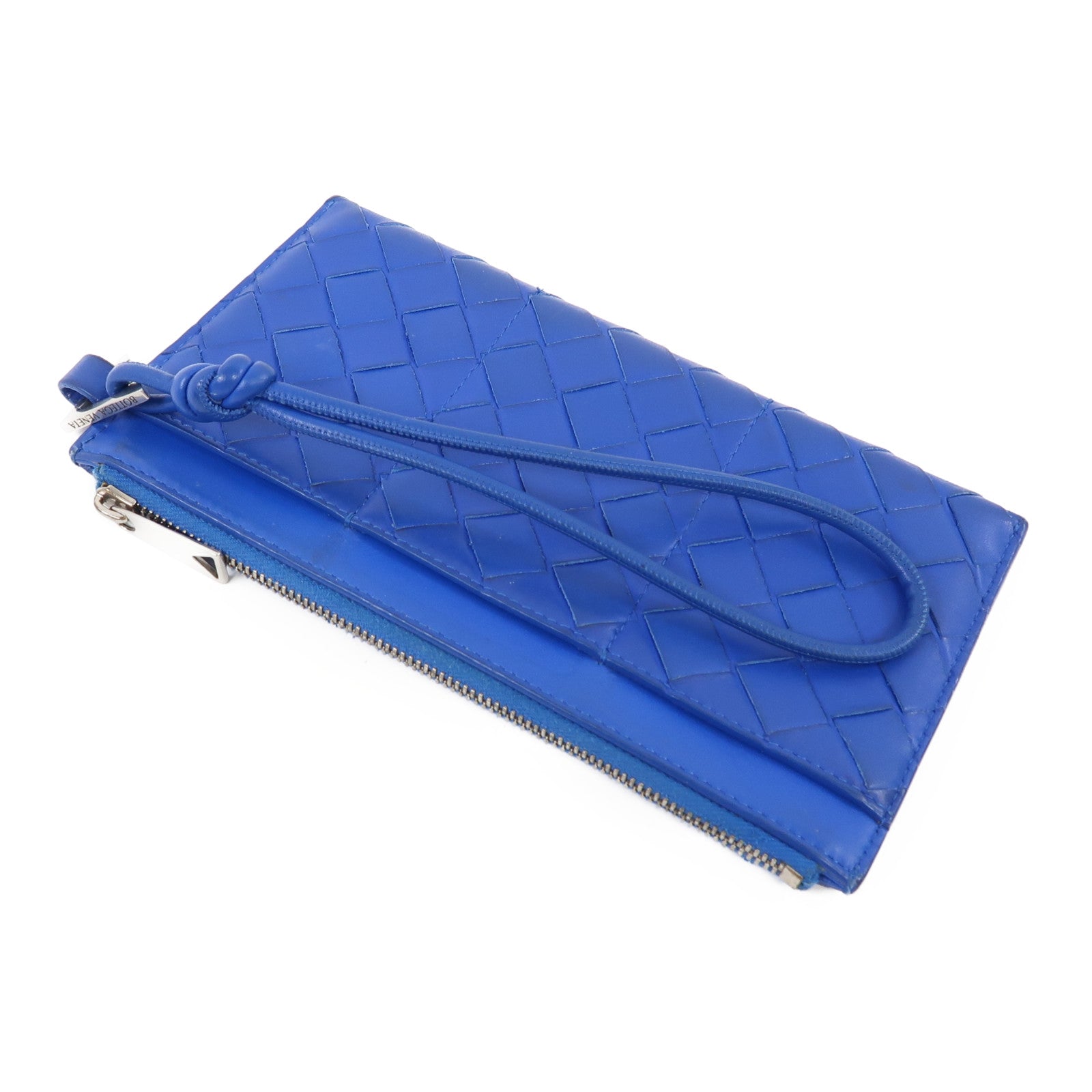 BOTTEGA VENETA 織紋皮革Zipper Wallet銀扣長錢包藍色