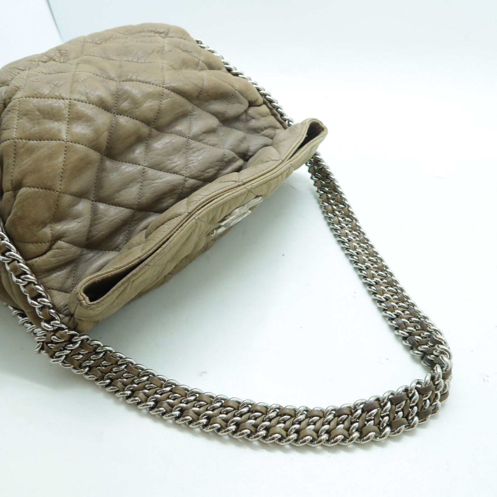 CHANEL 牛皮皮革Chain Shoulder Bag銀扣鏈帶肩背袋啡色