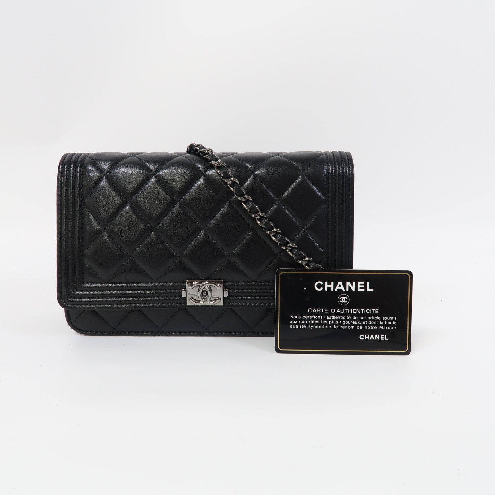 CHANEL 【激減優惠】菱格羊皮皮革Boy WOC銀扣鏈帶肩背袋黑色