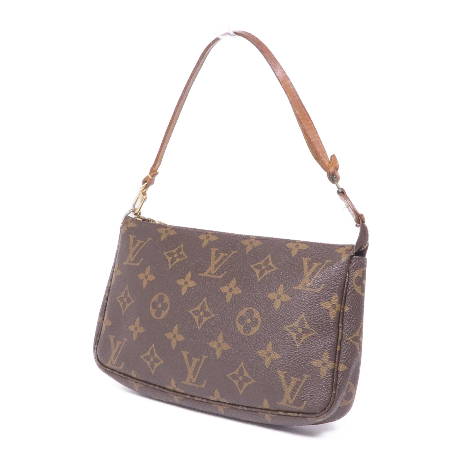 LOUIS VUITTON Monogram Pochette Accessoires金扣手挽袋棕色