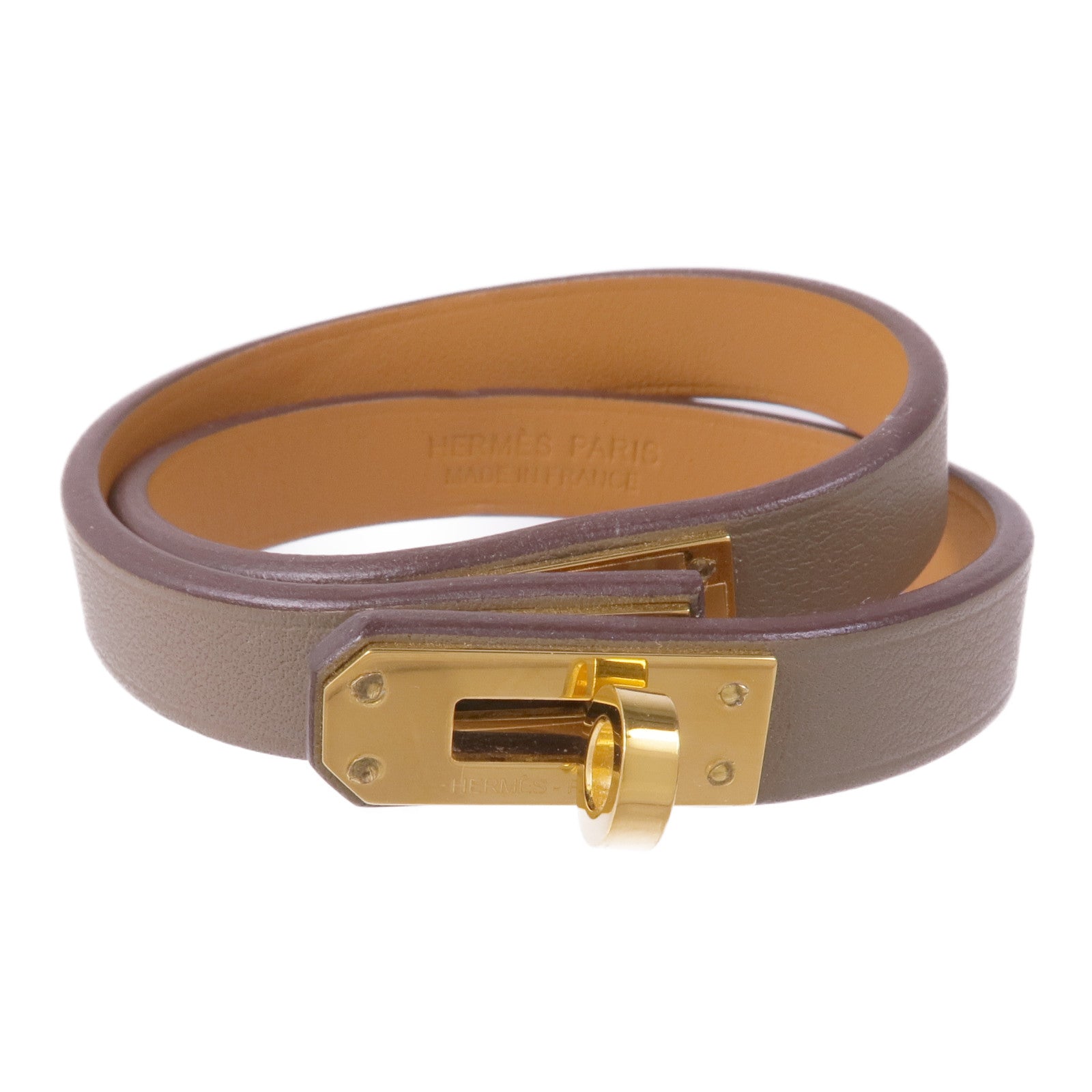 HERMES Swift皮革Mini Kelly Double Bracelet金扣手帶Etoupe
